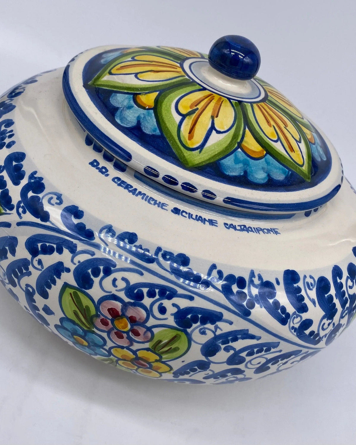 Biscottiera Decorata 600 Fiori Ceramica Caltagirone cm H.18 L.24 Artigianale DD CERAMICHE SICILIANE