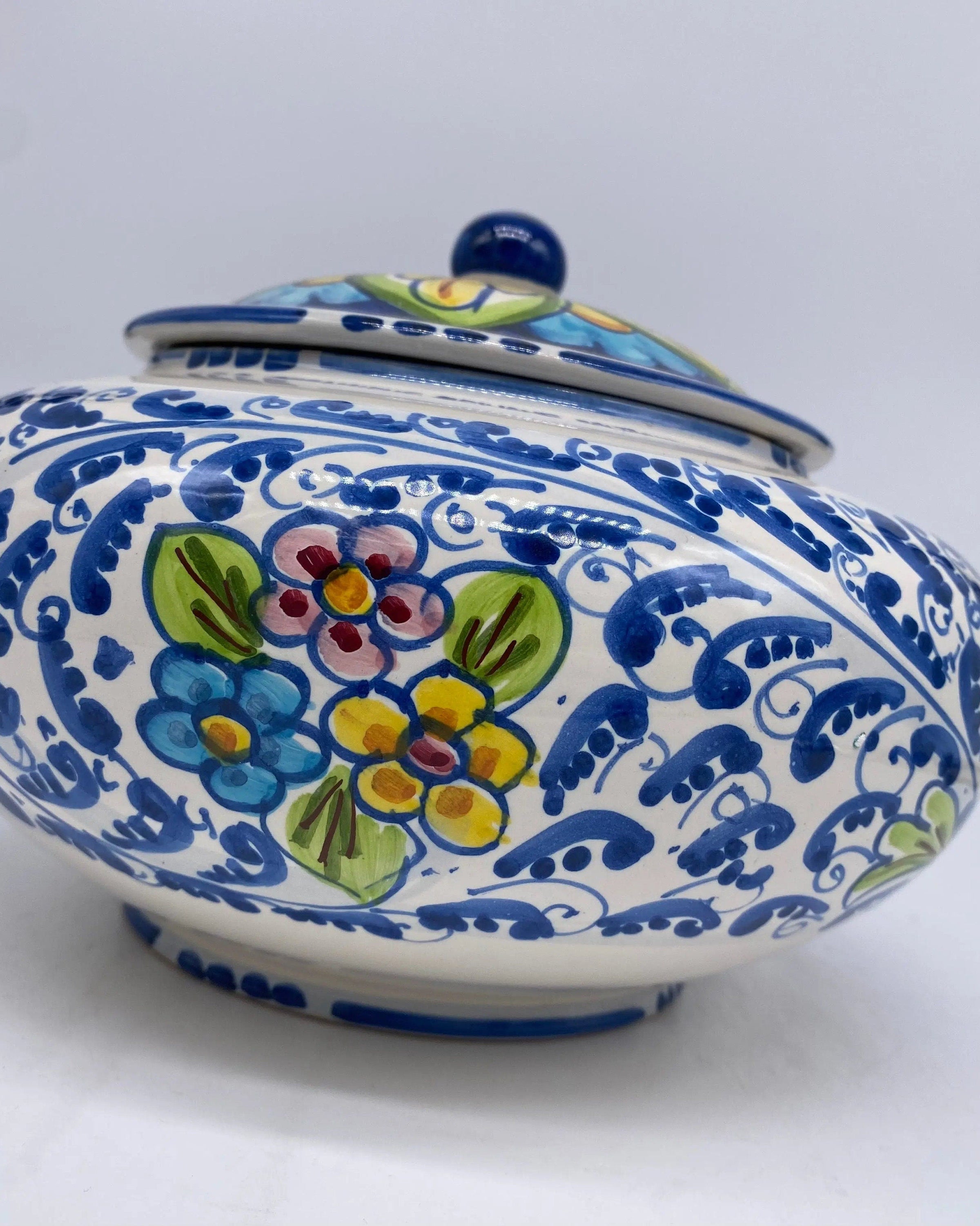 Biscottiera Decorata 600 Fiori Ceramica Caltagirone cm H.18 L.24 Artigianale DD CERAMICHE SICILIANE