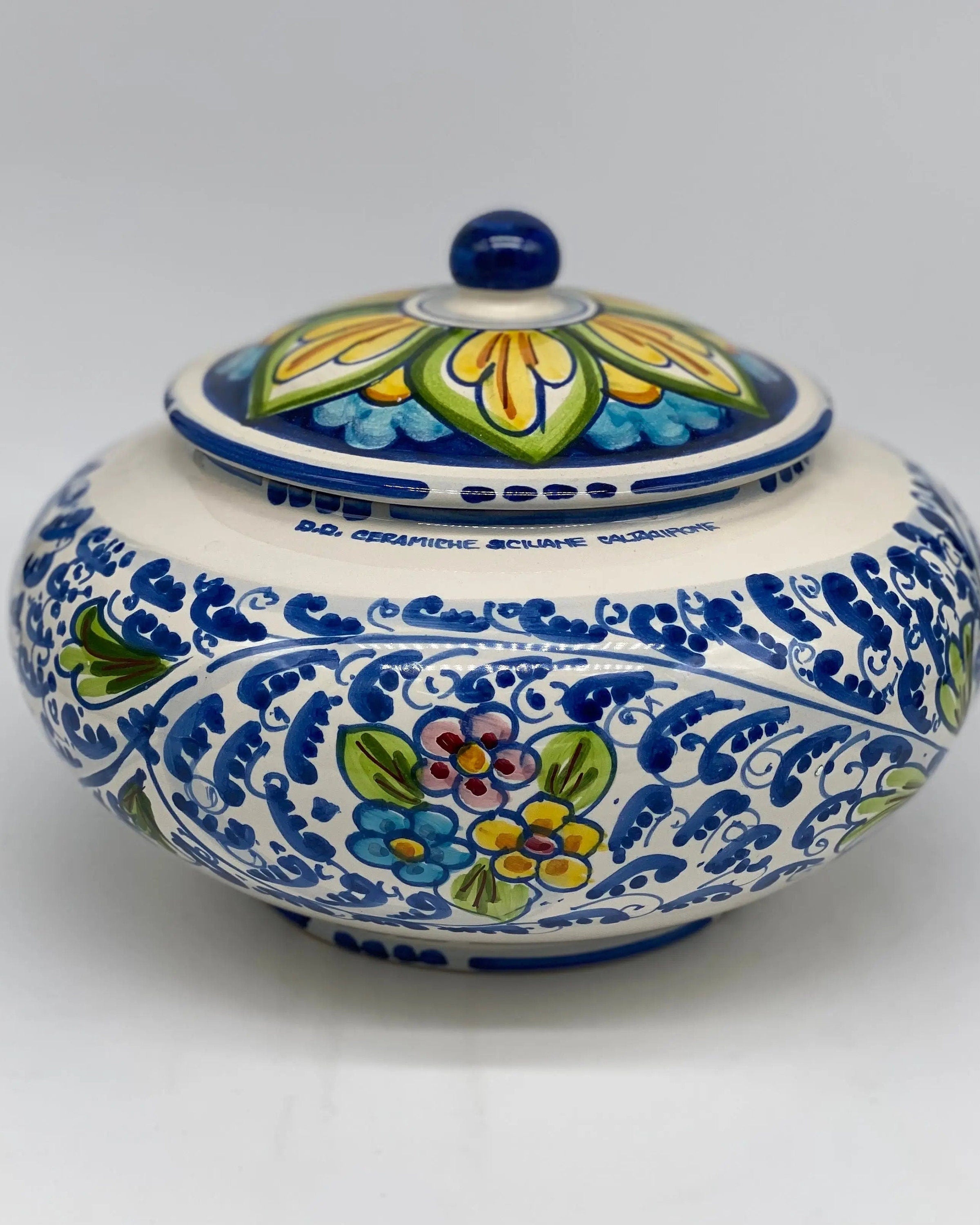 Biscottiera Decorata 600 Fiori Ceramica Caltagirone cm H.18 L.24 Artigianale DD CERAMICHE SICILIANE