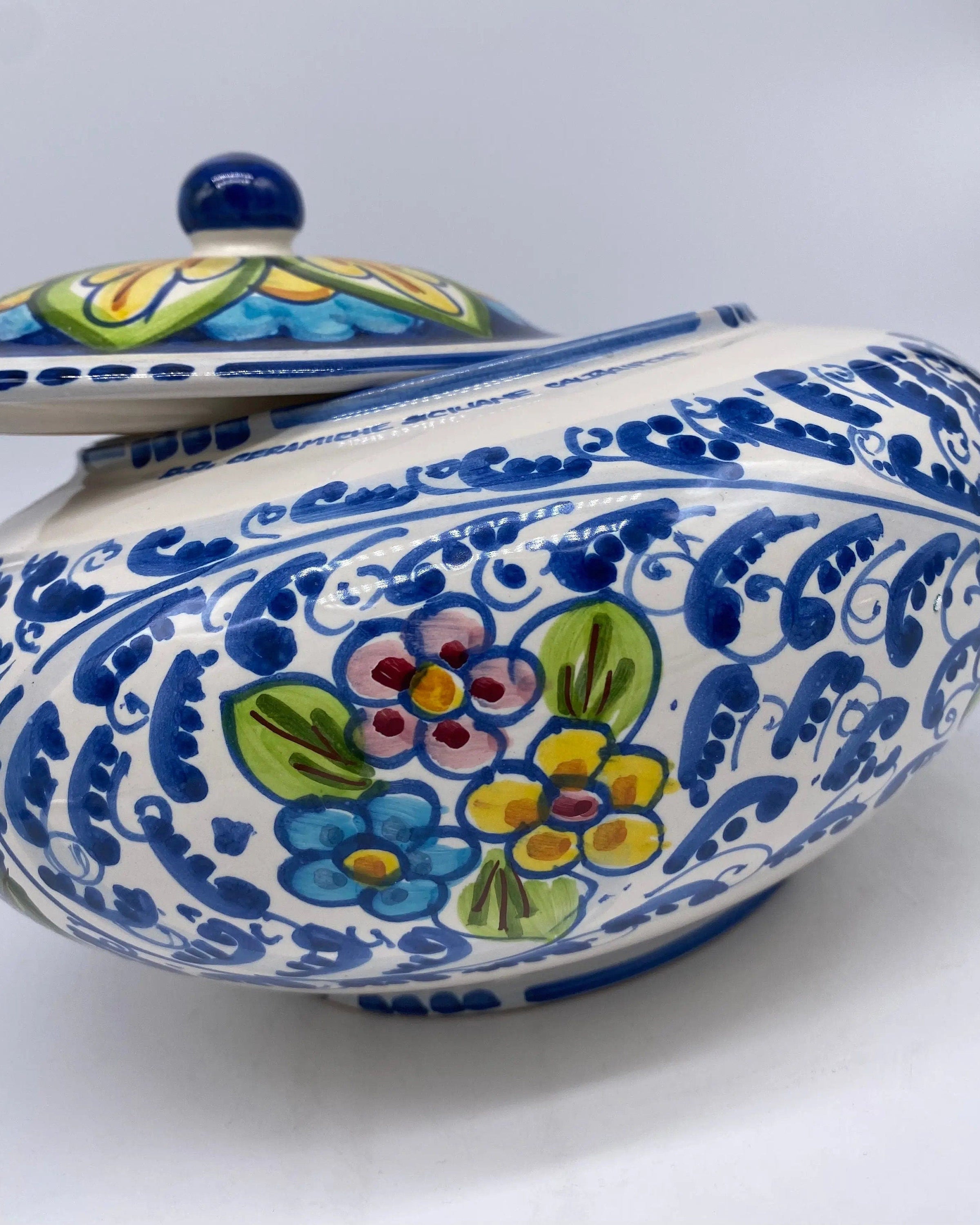 Biscottiera Decorata 600 Fiori Ceramica Caltagirone cm H.18 L.24 Artigianale DD CERAMICHE SICILIANE