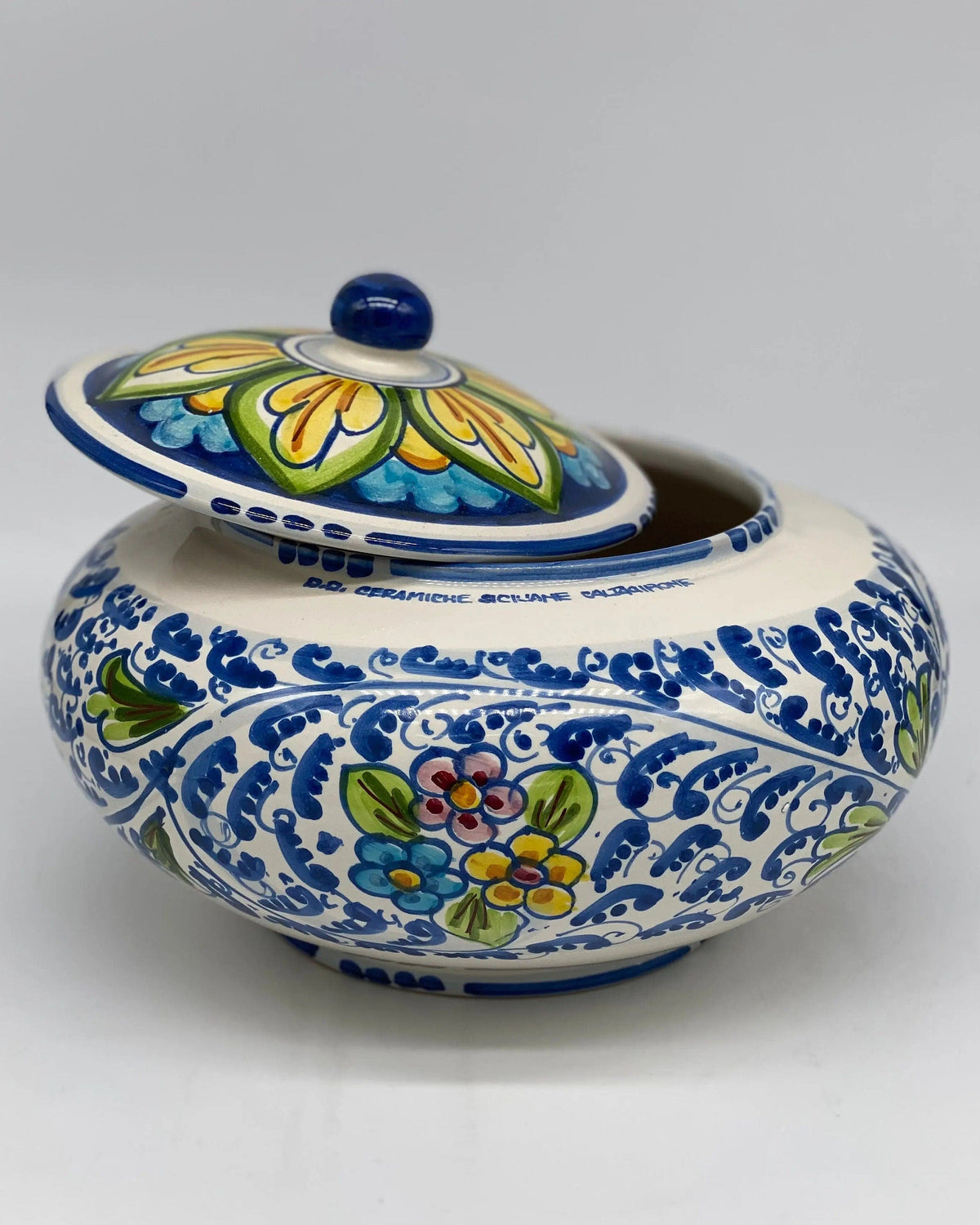 Biscottiera Decorata 600 Fiori Ceramica Caltagirone cm H.18 L.24 Artigianale DD CERAMICHE SICILIANE