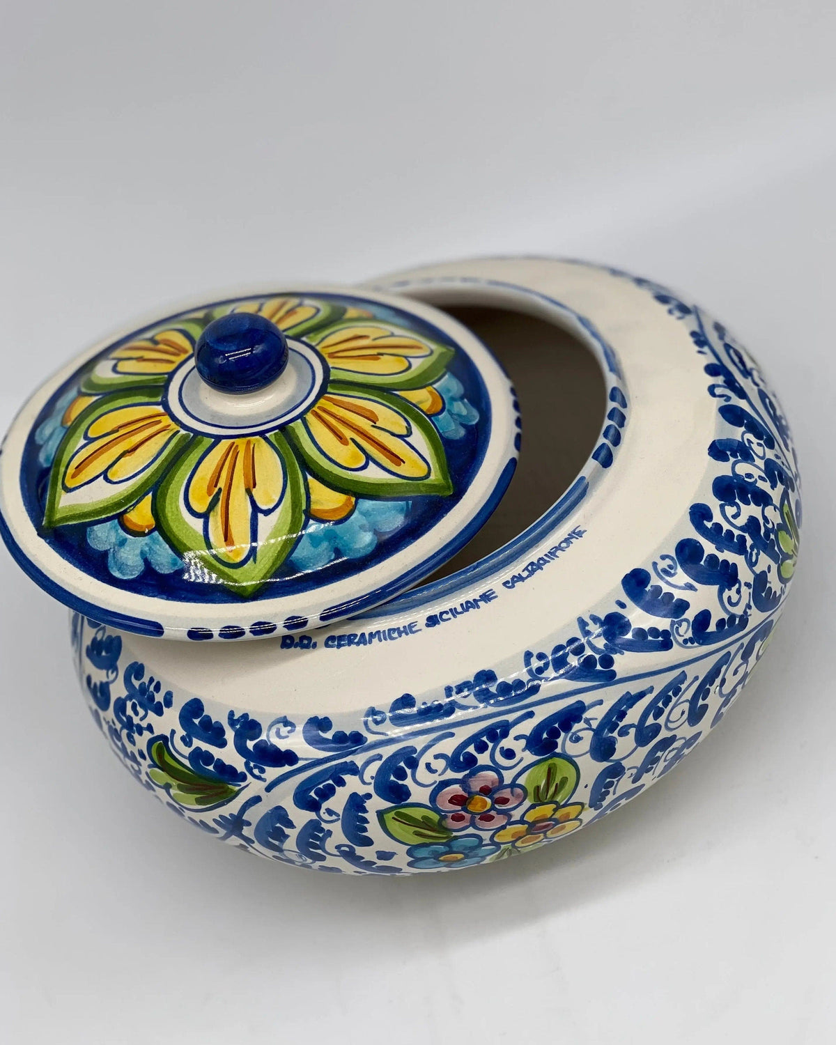 Biscottiera Decorata 600 Fiori Ceramica Caltagirone cm H.18 L.24 Artigianale DD CERAMICHE SICILIANE