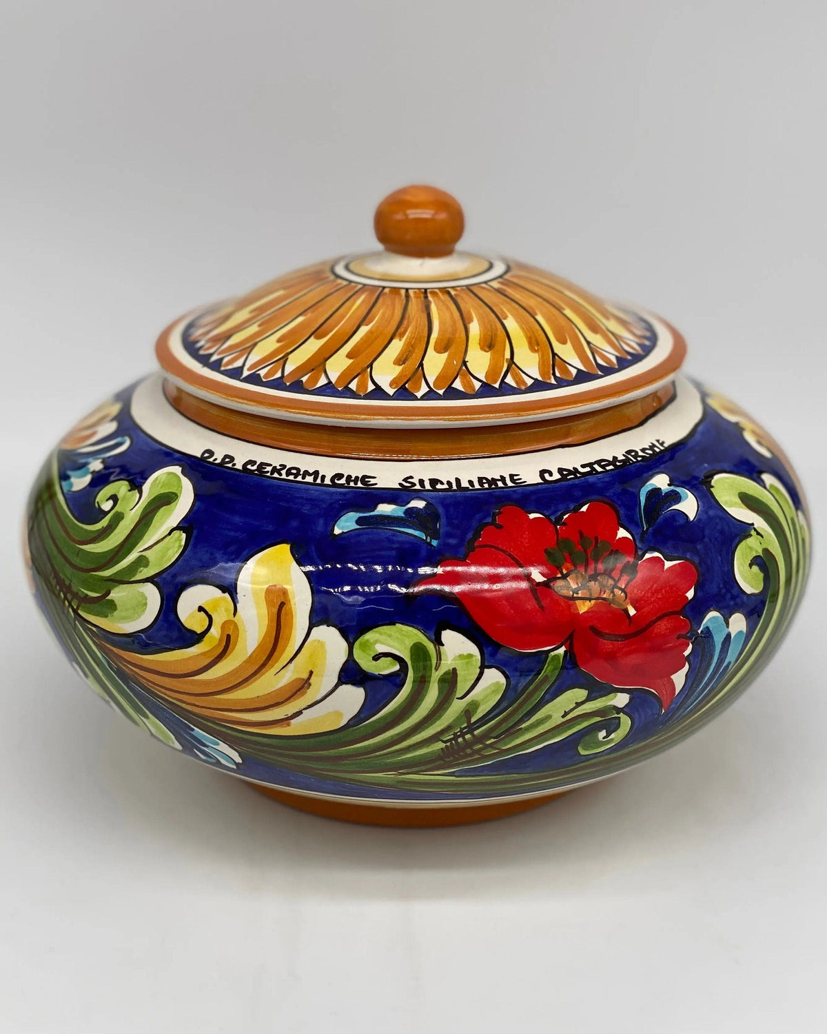 Biscottiera Decorata 700 Fiori Ceramica Caltagirone cm H.18 L.24 Artigianale DD CERAMICHE SICILIANE