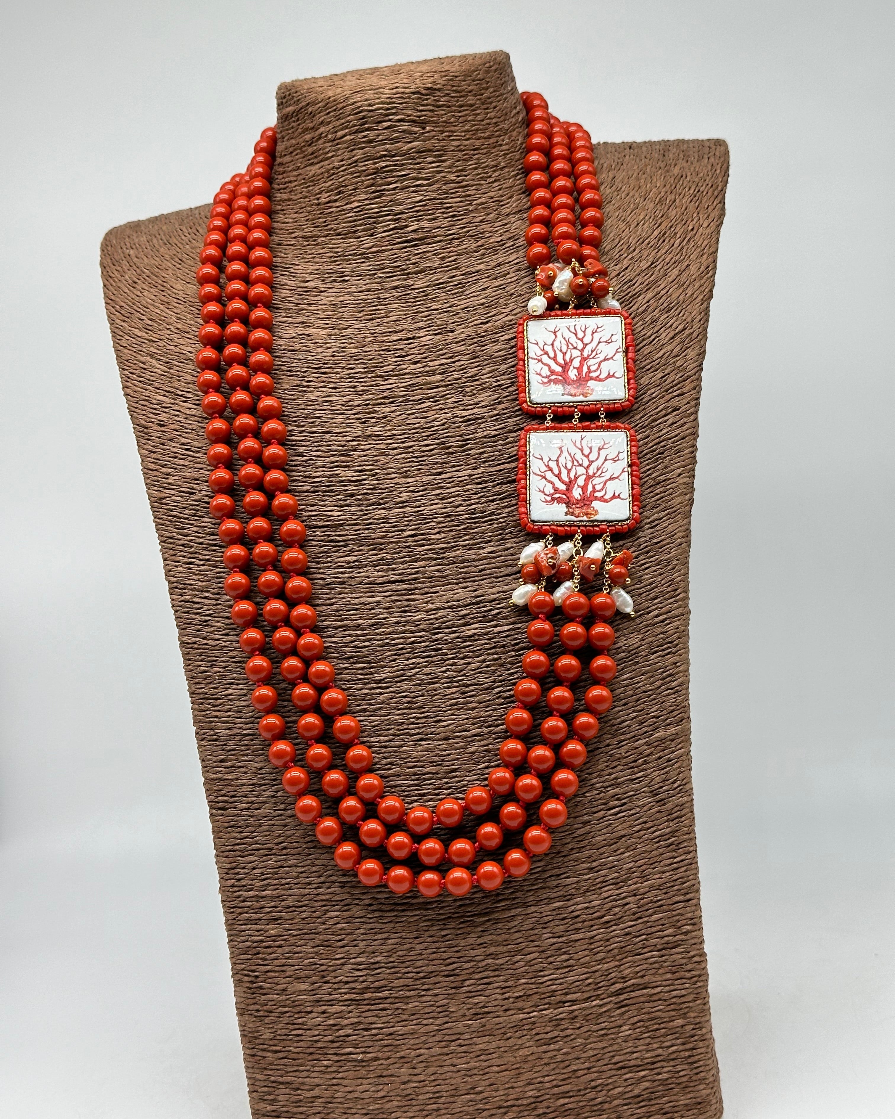 Collana 3 giri di Pietre Corallo 2 Piastrelle Ceramica di Caltagirone Perle - BIJOUX
