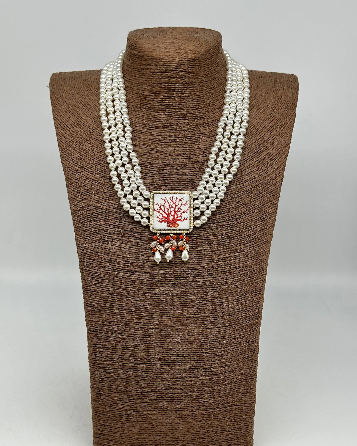 Collana 4 giri di Perle, Piastrella Ceramica di Caltagirone, Corallo DD CERAMICHE SICILIANE