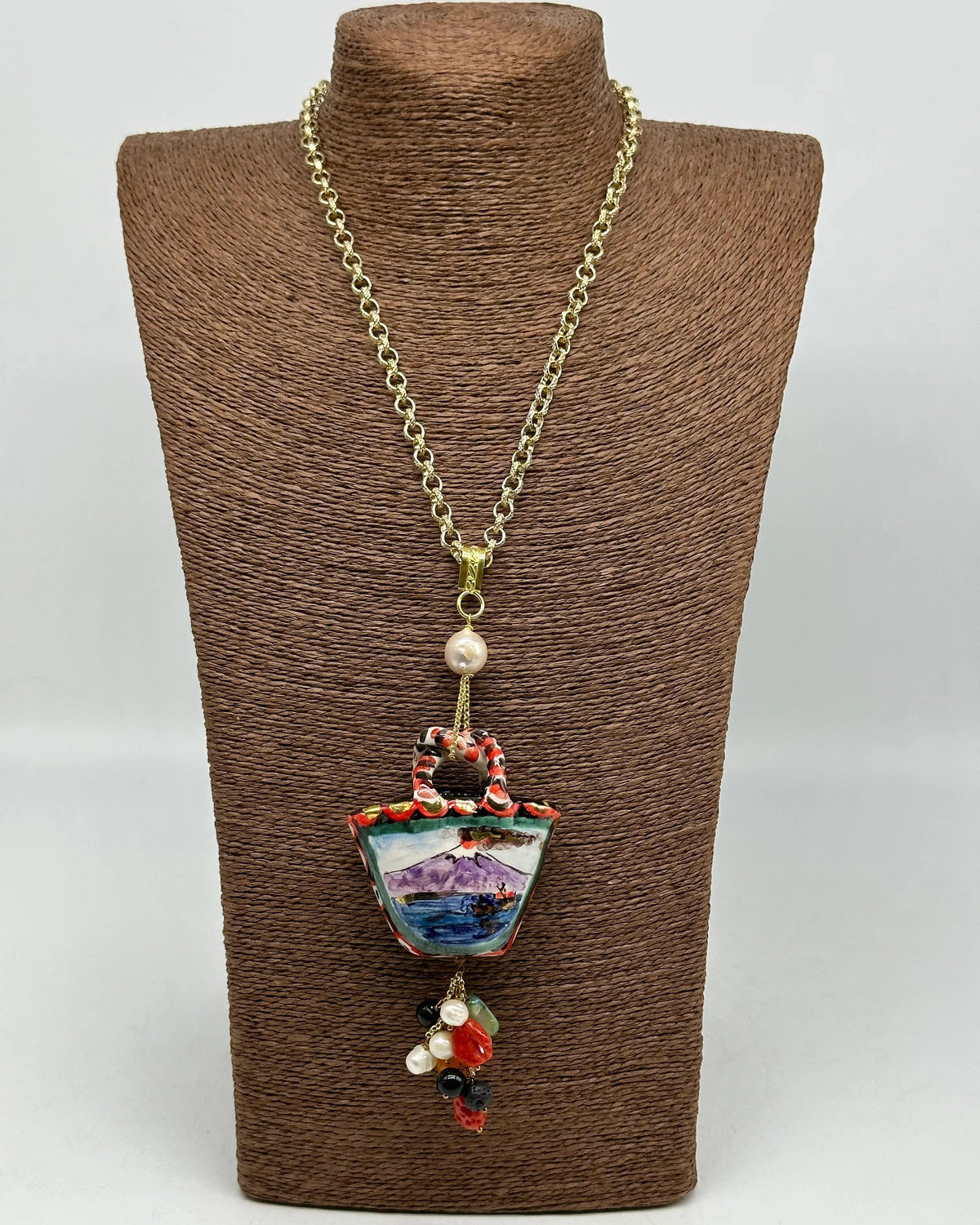 Collana Coffa Siciliana decorata Vulcano Etna Ceramica di Caltagirone DD CERAMICHE SICILIANE