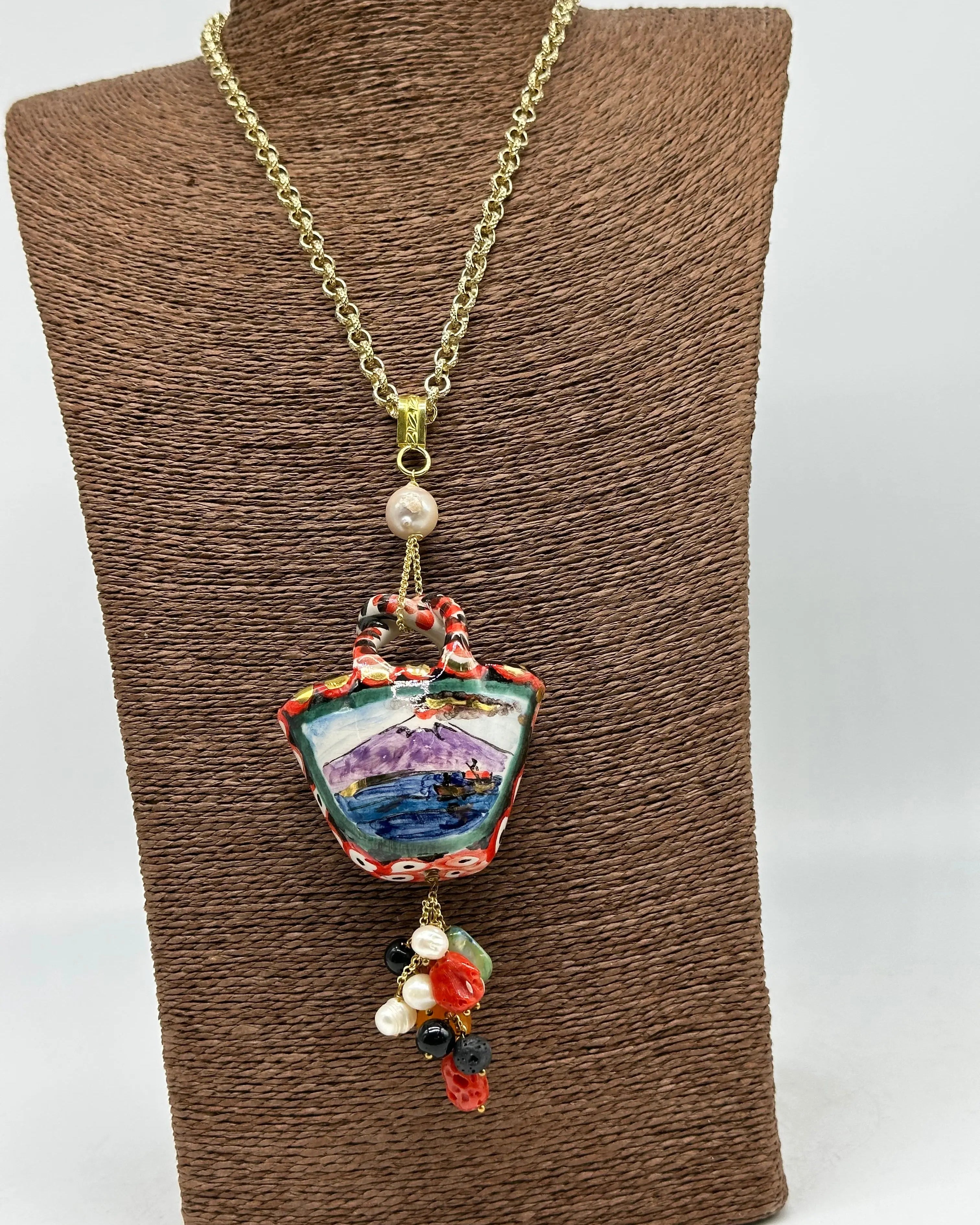 Collana Coffa Siciliana decorata Vulcano Etna Ceramica di Caltagirone DD CERAMICHE SICILIANE