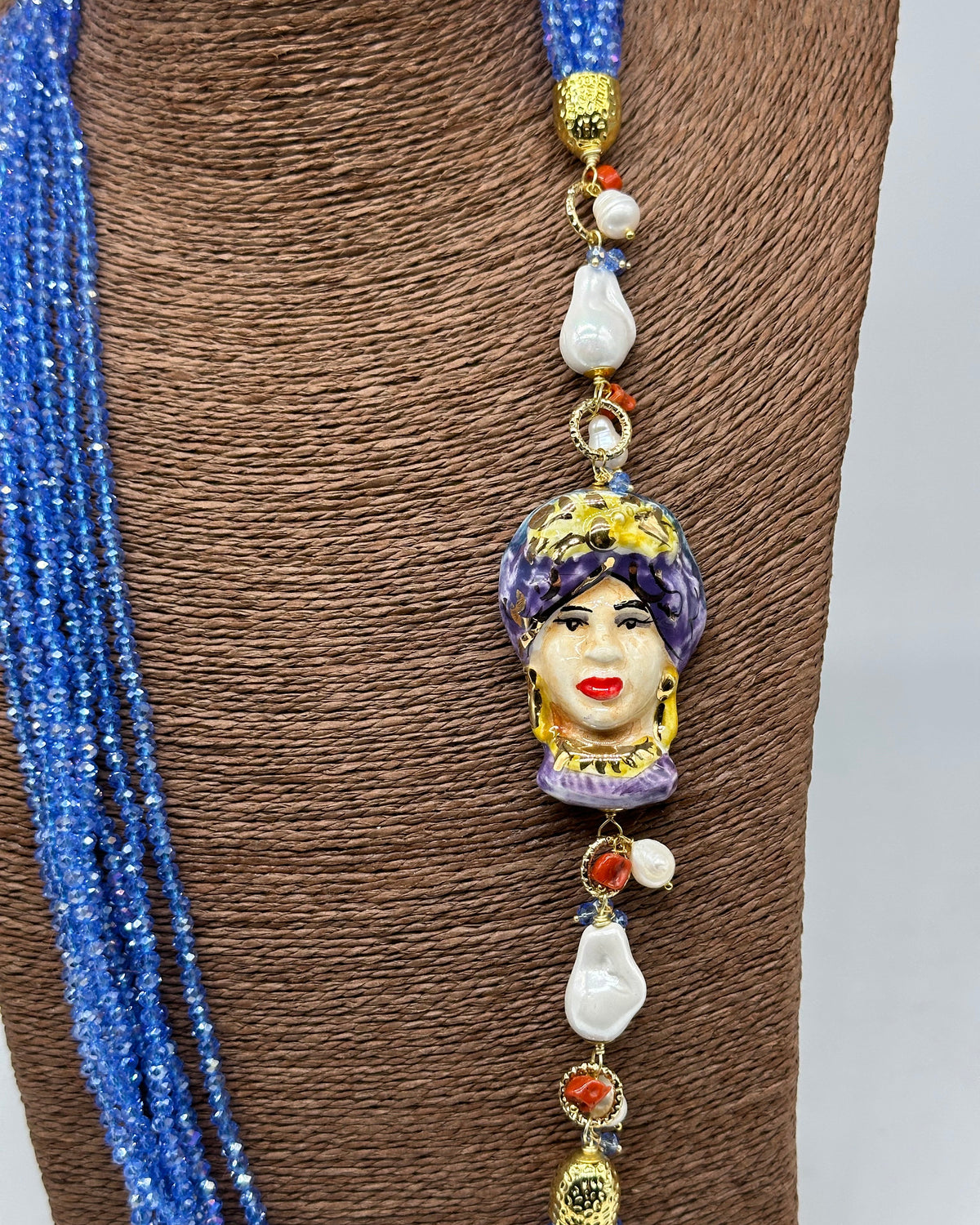 Collana Siciliana Testa di Moro Ceramica di Caltagirone Pietre Celeste V.3 - COLLANA