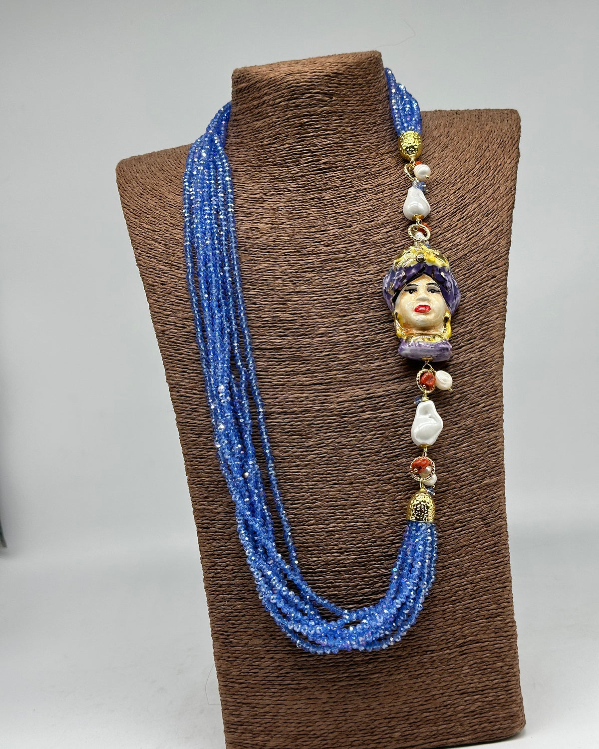 Collana Siciliana Testa di Moro Ceramica di Caltagirone Pietre Celeste V.3 - COLLANA