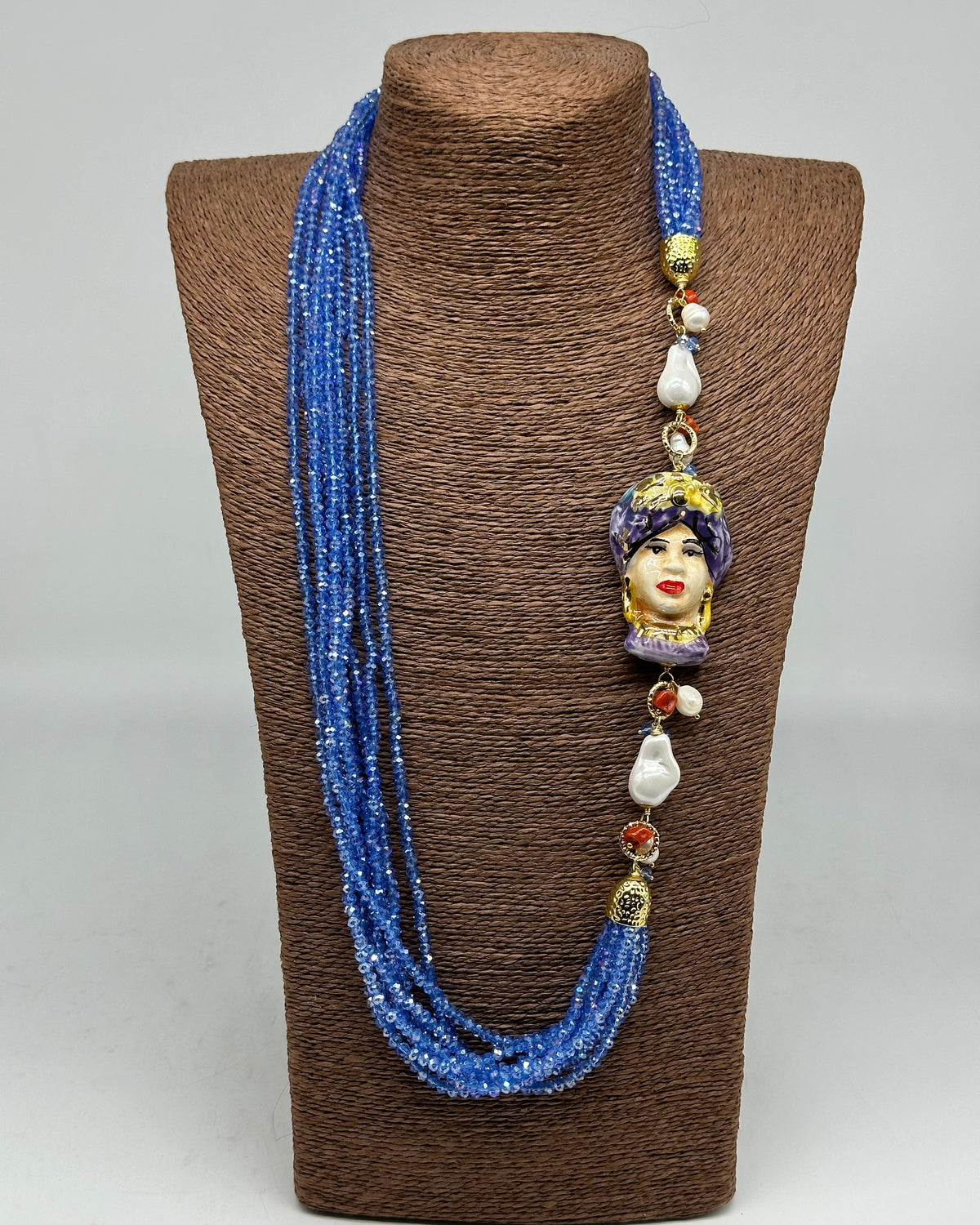 Collana Siciliana Testa di Moro Ceramica di Caltagirone Pietre Celeste V.3 - COLLANA