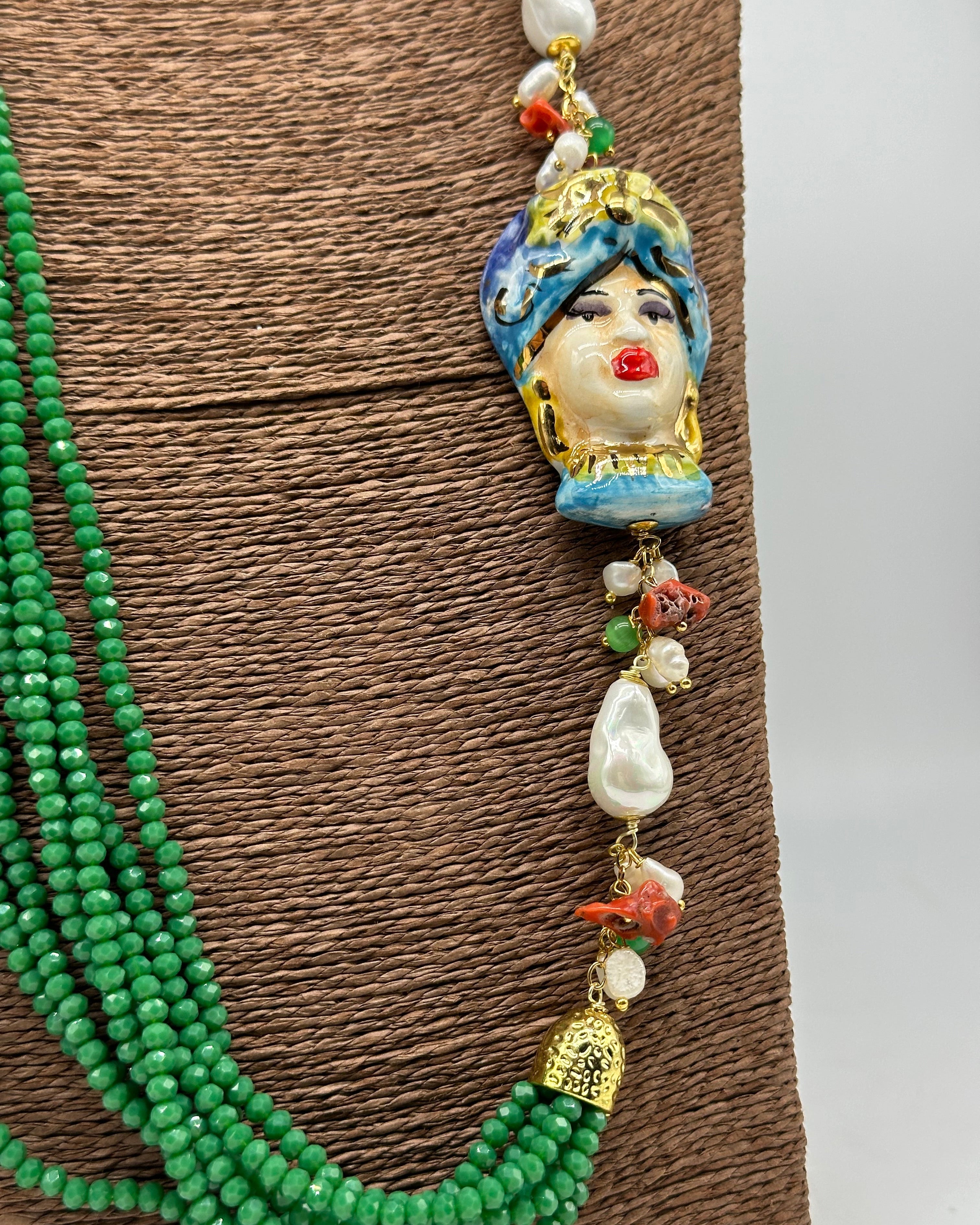 Collana Siciliana Testa di Moro Ceramica di Caltagirone Pietre Verde V.2 - COLLANA