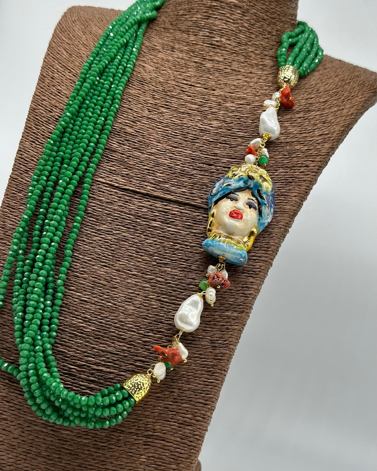 Collana Siciliana Testa di Moro Ceramica di Caltagirone Pietre Verde V.2 - COLLANA