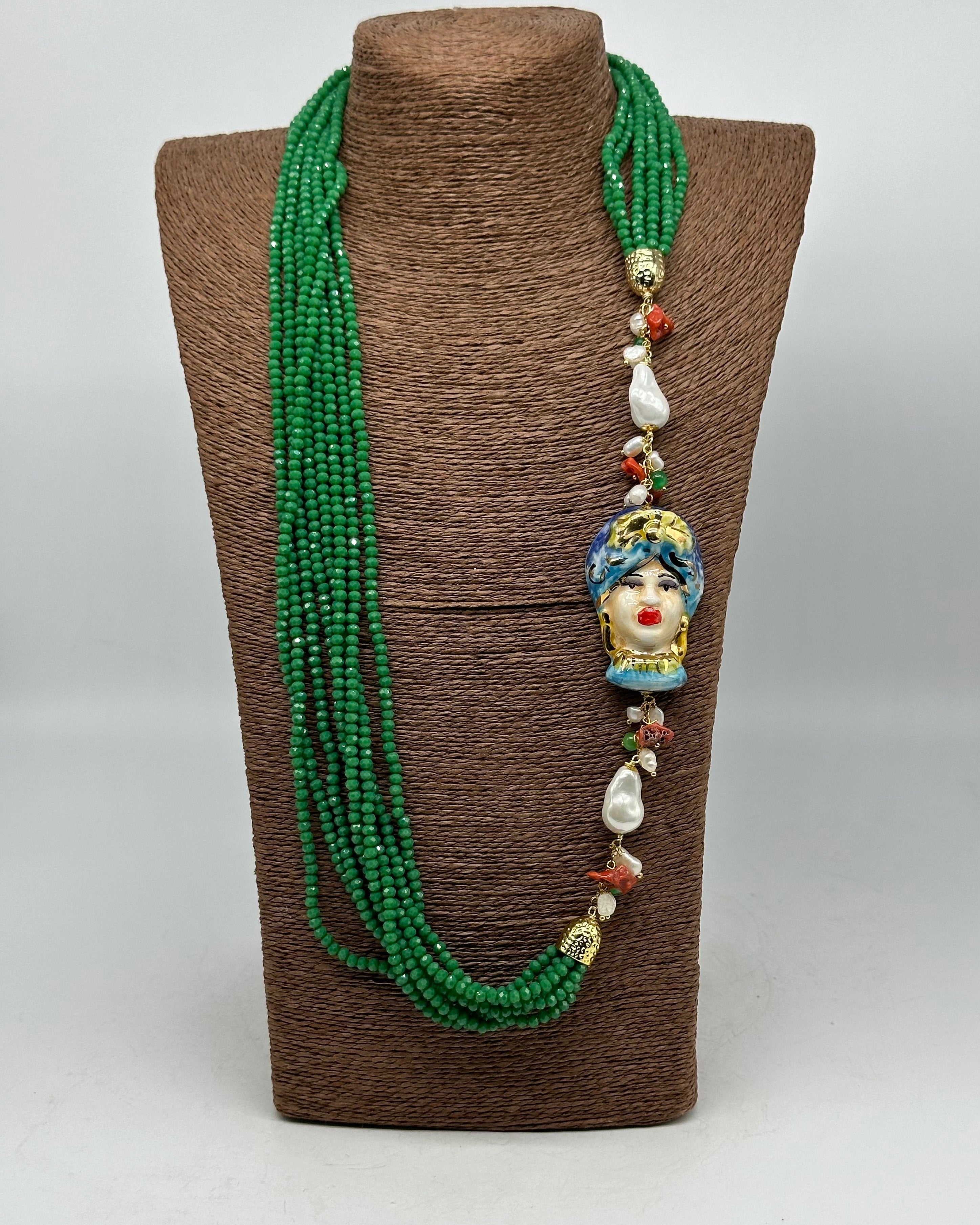Collana Siciliana Testa di Moro Ceramica di Caltagirone Pietre Verde V.2 - COLLANA