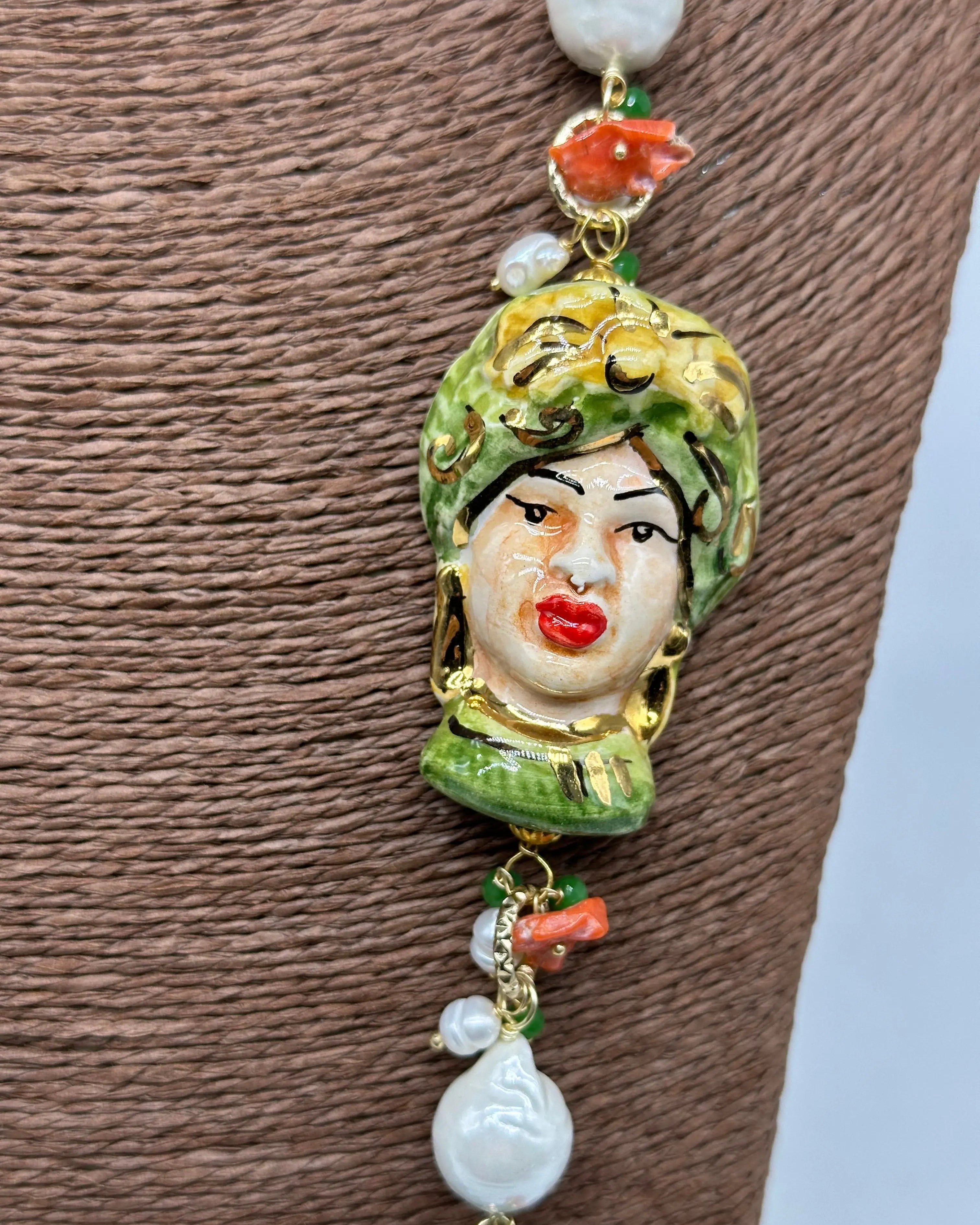 Collana Siciliana Testa di Moro Ceramica di Caltagirone Pietre Verde DD CERAMICHE SICILIANE