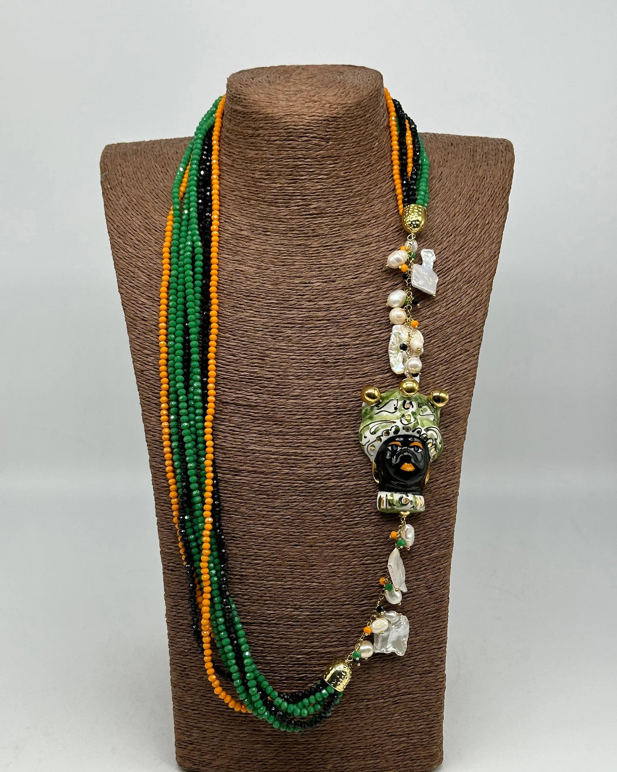 Collana Siciliana Testa di Moro Ceramica di Caltagirone Pietre Verde Arancio Nero DD CERAMICHE SICILIANE