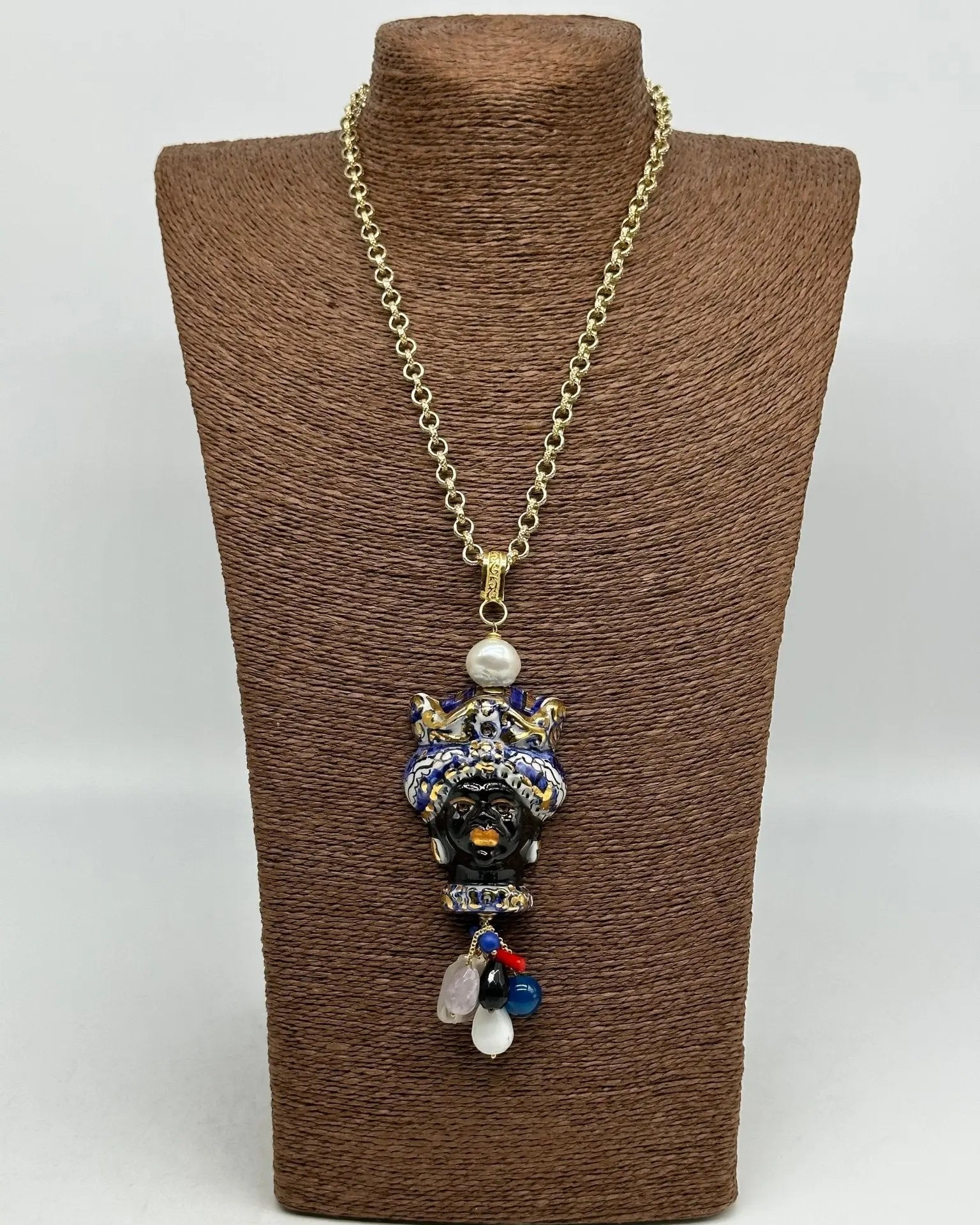 Collana Siciliana Testa di Moro Ceramica di Caltagirone Turbante Blu Decorato dettagli Oro - COLLANA