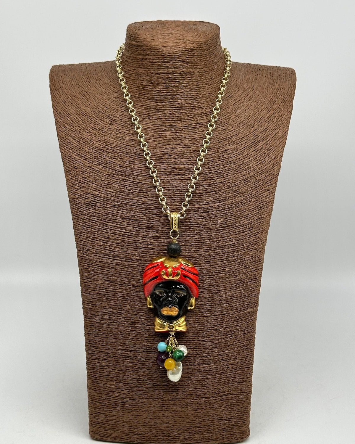 Collana Siciliana Testa di Moro Ceramica di Caltagirone Turbante Rosso Decorato - DD CERAMICHE SICILIANE