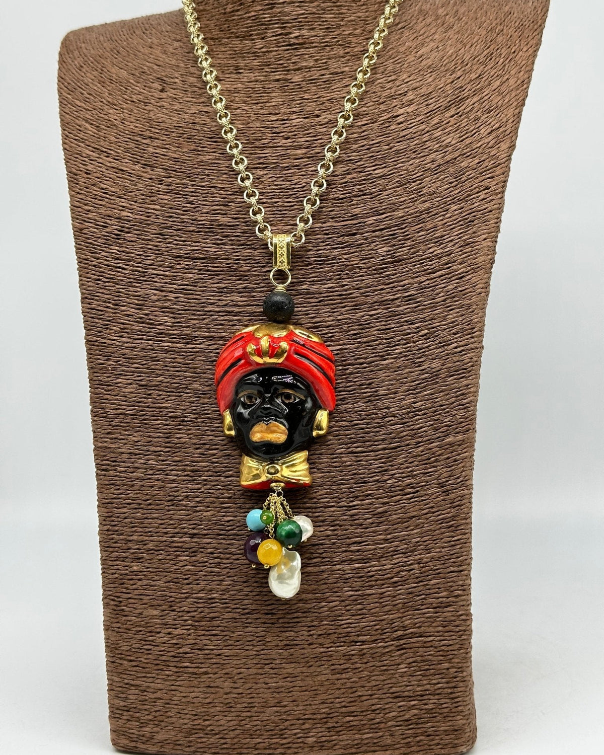 Collana Siciliana Testa di Moro Ceramica di Caltagirone Turbante Rosso Decorato - DD CERAMICHE SICILIANE