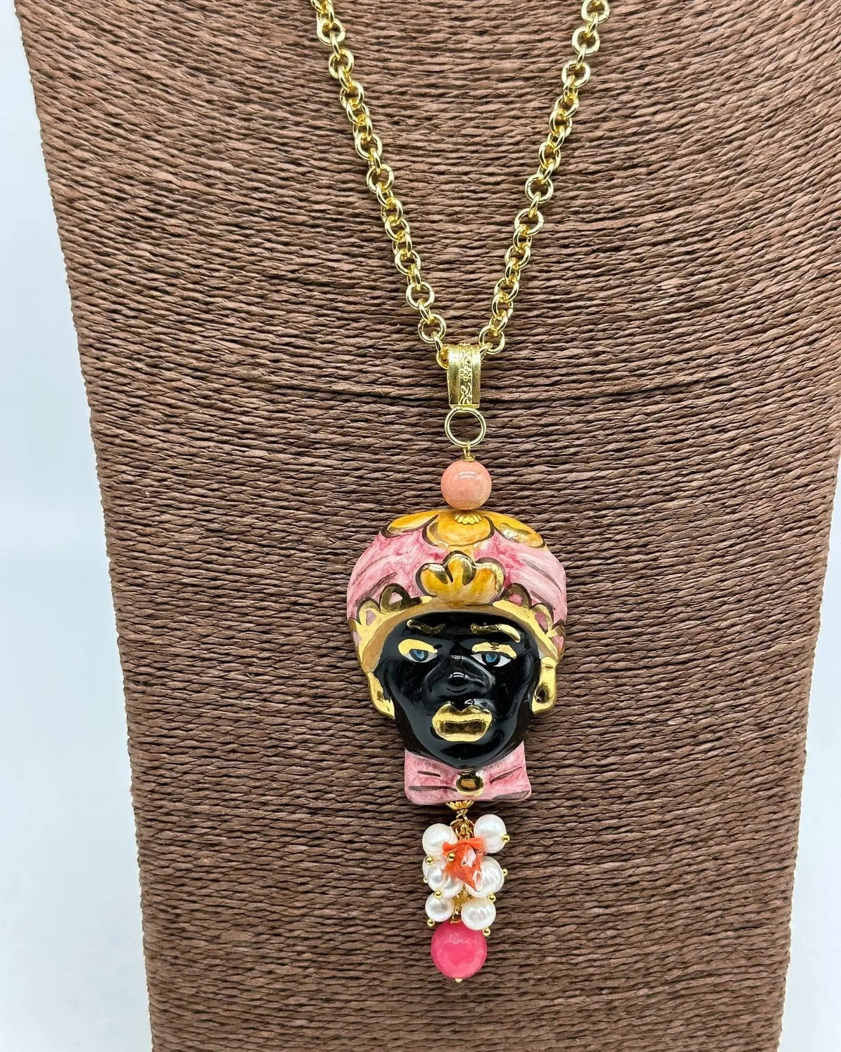 Collana Siciliana Testa di Moro Ceramica di Caltagirone Turbante Rosa Decorato - COLLANA