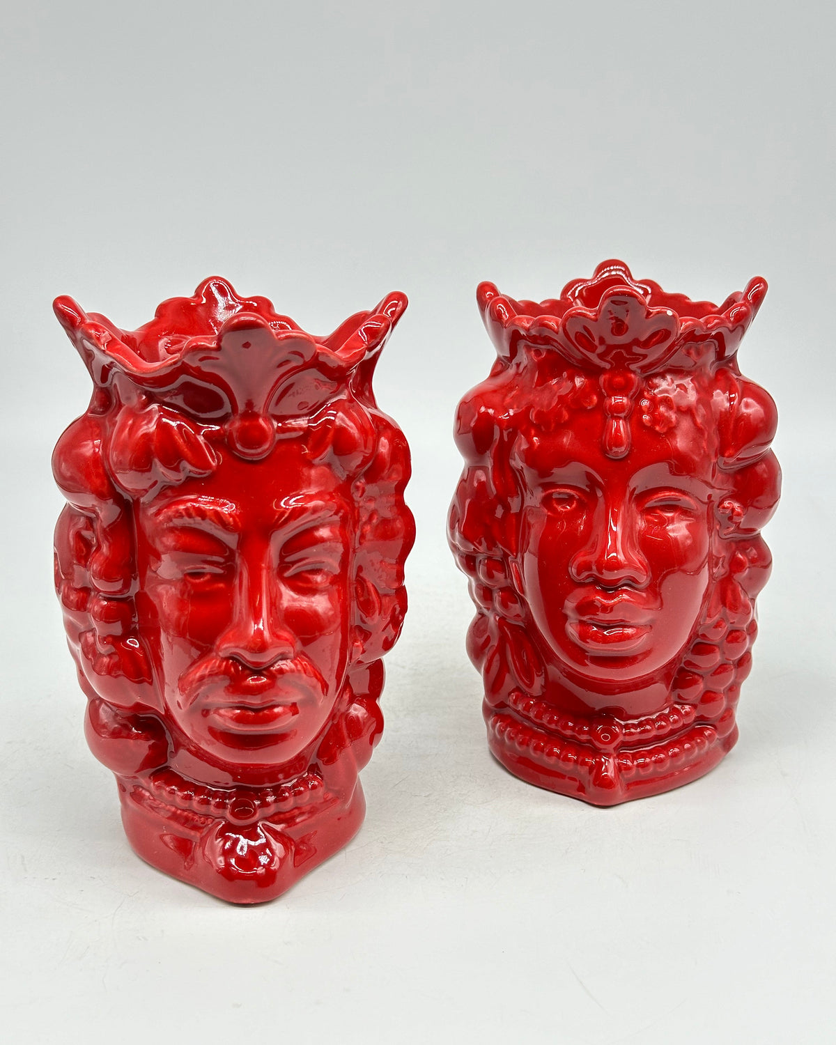 FINE SERIE - Coppia Teste di Moro Afro Frutta Ceramica Caltagirone cm H.18 L.12 Artigianale Rosso - TESTE DI MORO