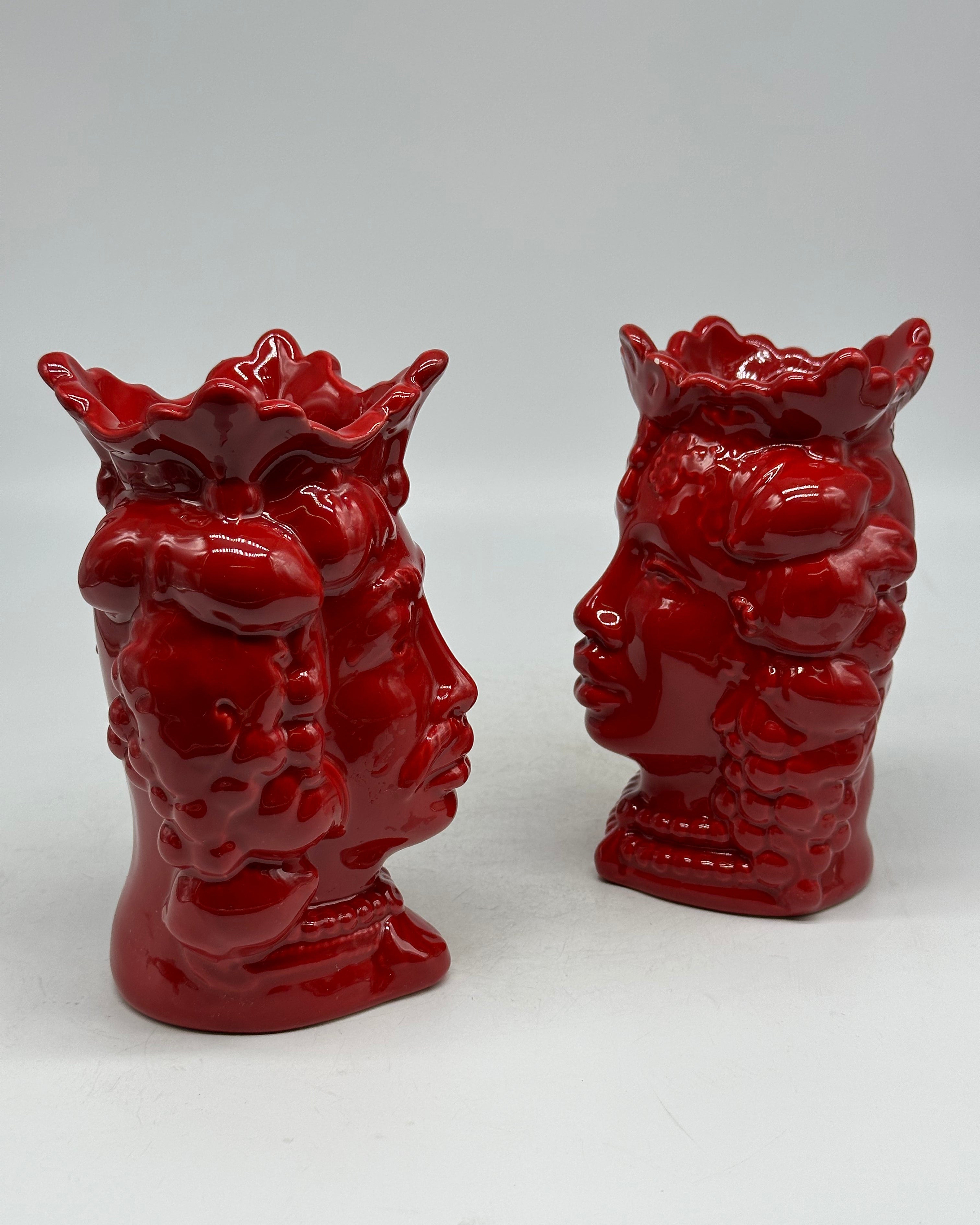 FINE SERIE - Coppia Teste di Moro Afro Frutta Ceramica Caltagirone cm H.18 L.12 Artigianale Rosso - TESTE DI MORO