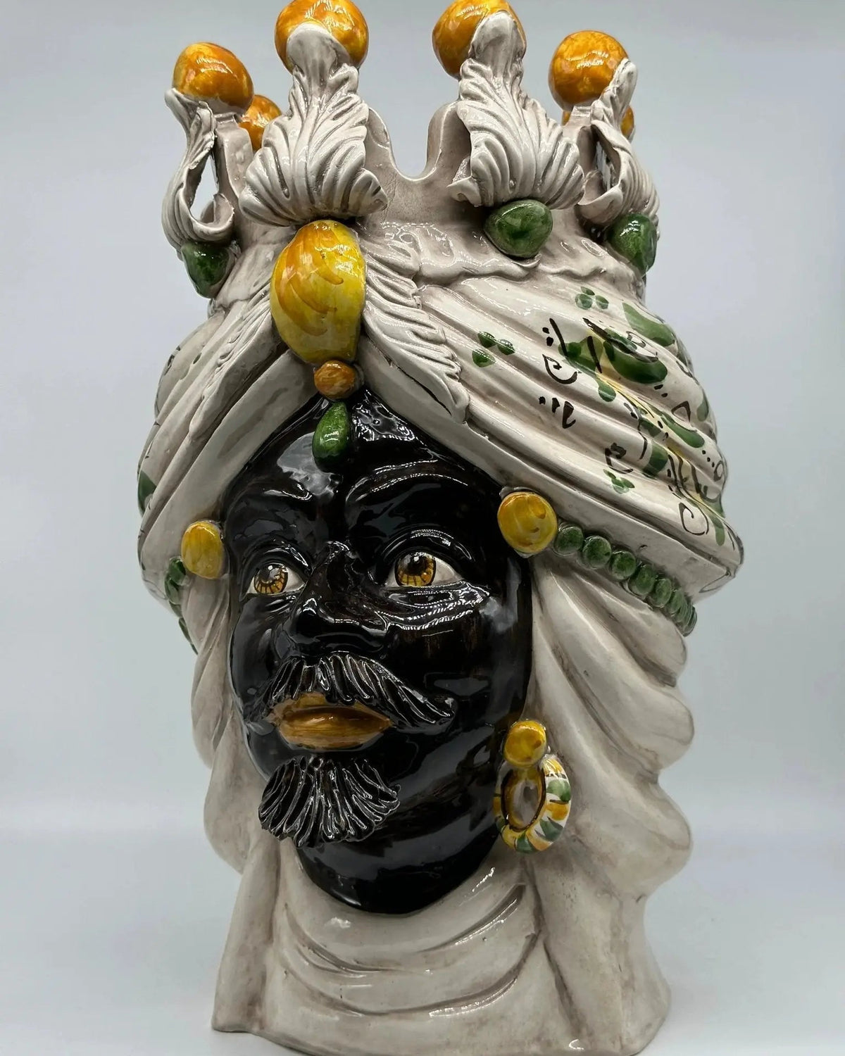 FINE SERIE - Testa di Moro Seicento Ceramica Caltagirone cm H.40 L.26 Artigianale Giallo Verde - Uomo - TESTA DI MORO