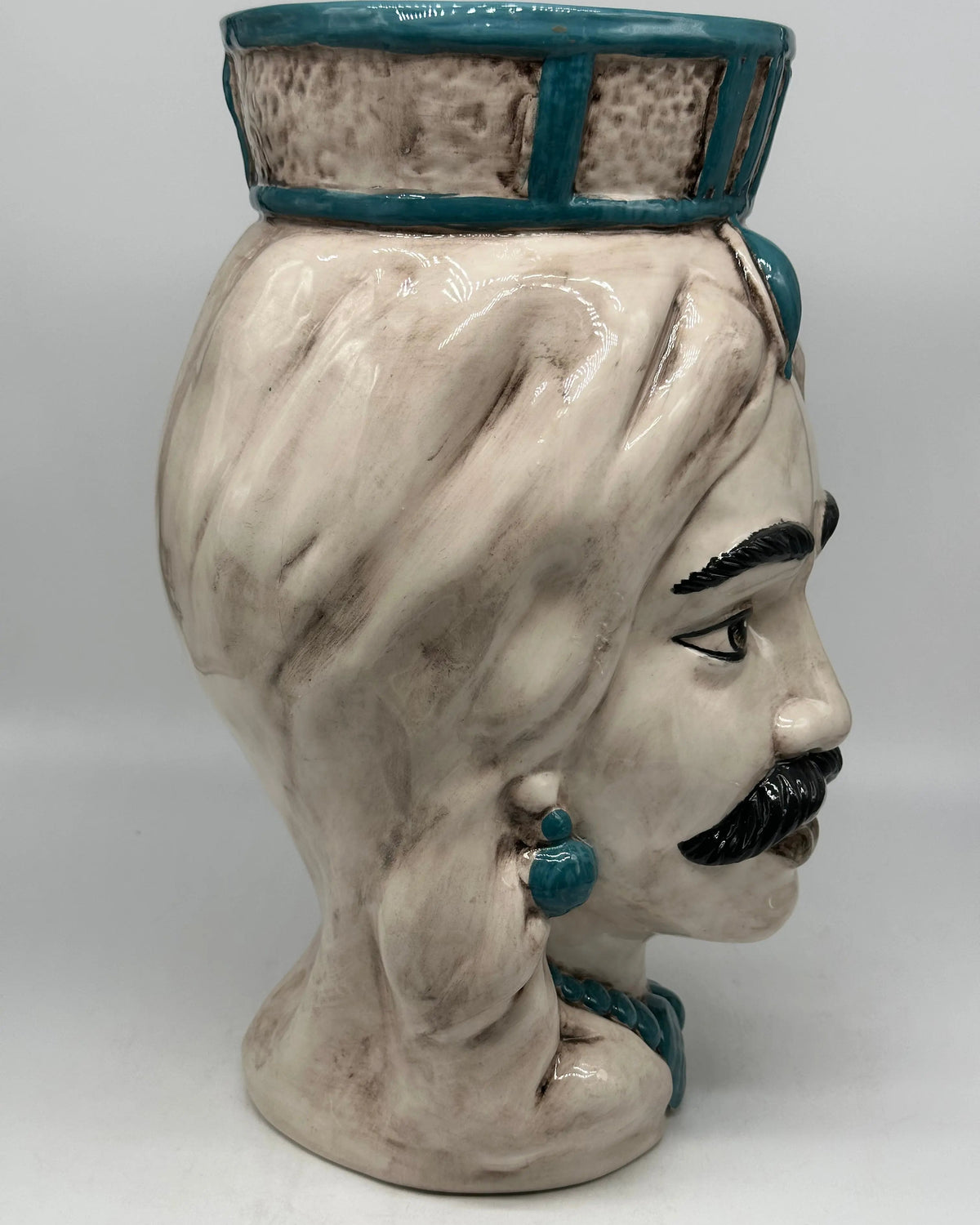 FINE SERIE - Testa di Moro Uomo Corona Retta Ceramica Caltagirone cm H.38 L.24 Artigianale dettagli Verde DD CERAMICHE SICILIANE