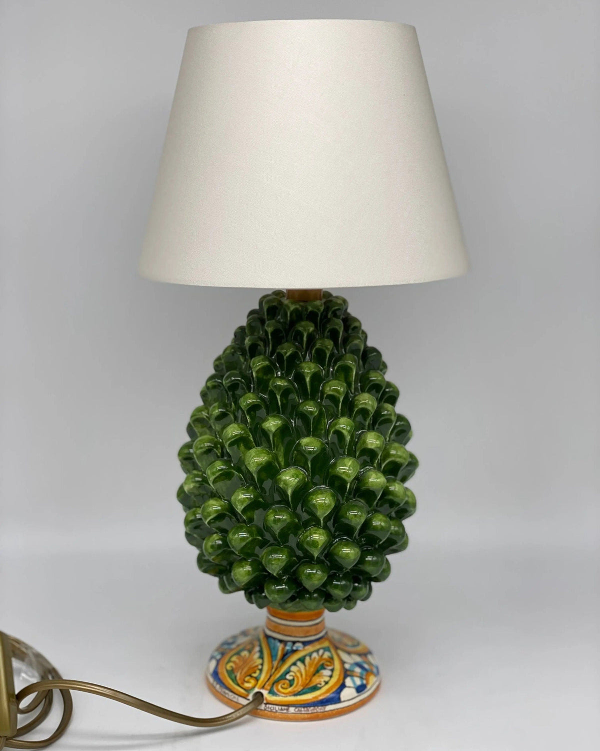 Lampada Pigna Ceramica Caltagirone cm H.25 Artigianale Verde Prato Base Decorata DD CERAMICHE SICILIANE