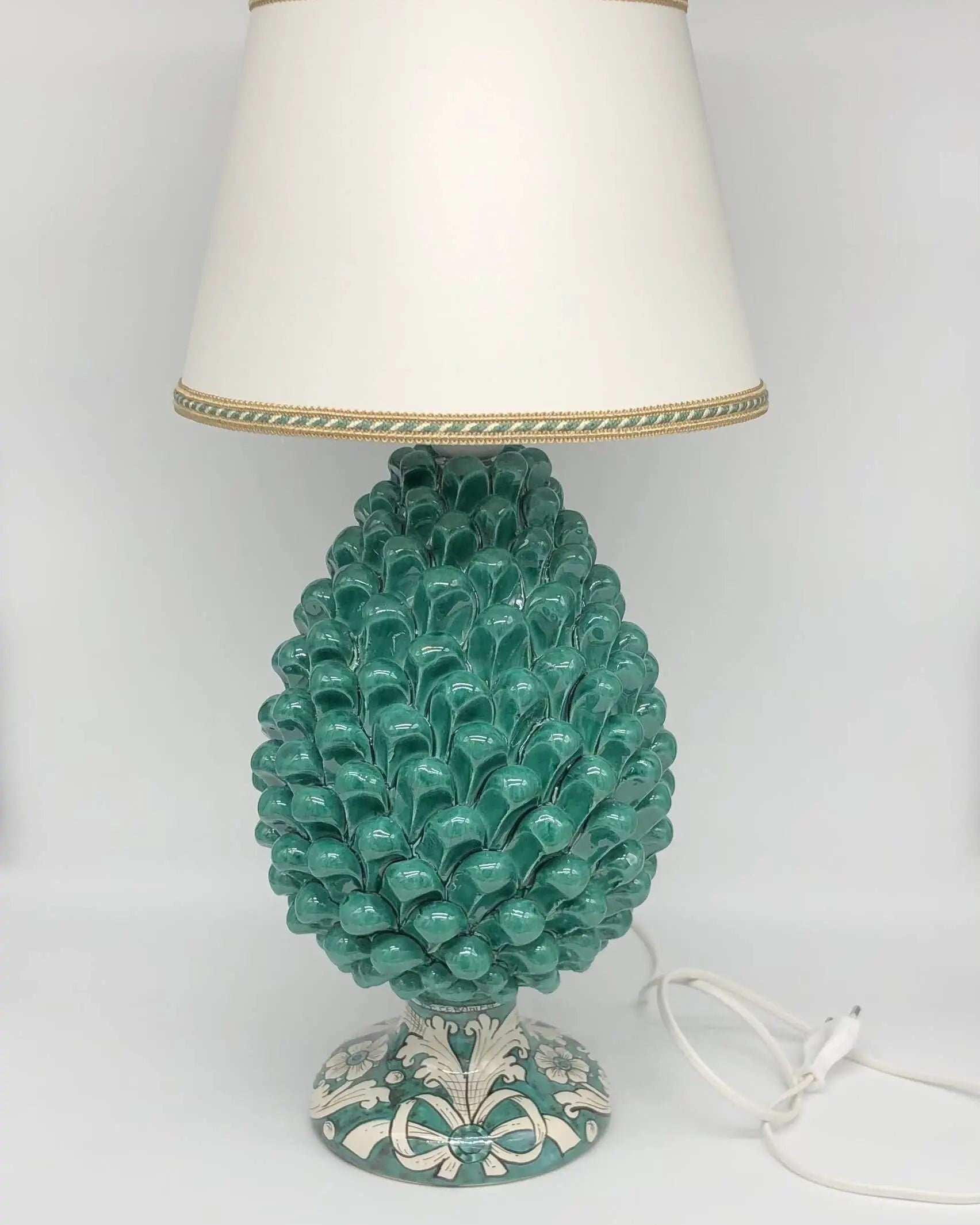 Lampada Pigna Ceramica Caltagirone cm H.30 Artigianale Verde Cristallo Base Decorata DD CERAMICHE SICILIANE