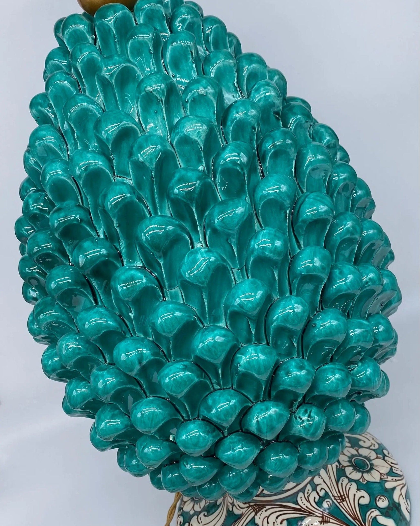Lampada Pigna Ceramica Caltagirone cm H.40 Artigianale Verde Cristallo Base Decorata DD CERAMICHE SICILIANE