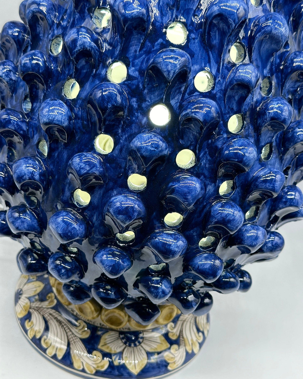 Lampada Pigna Gigante traforata Ceramica Caltagirone cm H.45 L.28 Artigianale Blu Base Decorata