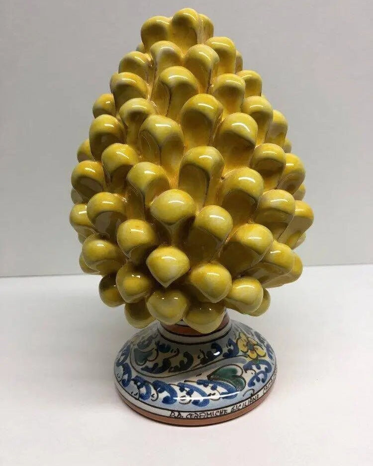 Pigna Ceramica Caltagirone cm H.20 Artigianale Giallo Base Decorata Fiori DD CERAMICHE SICILIANE