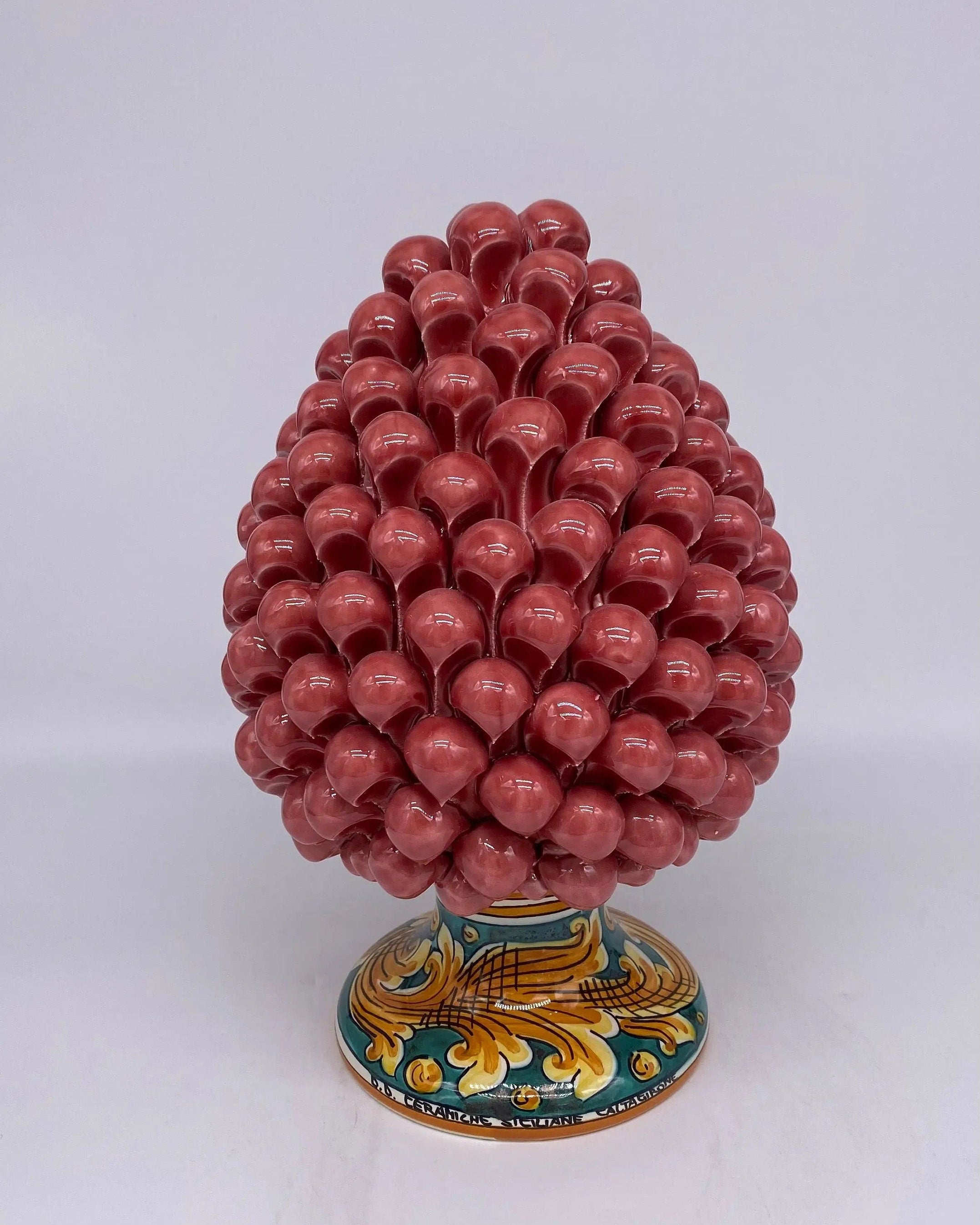 Pigna Ceramica Caltagirone cm H.25 Artigianale Rosa Base Decorata DD CERAMICHE SICILIANE