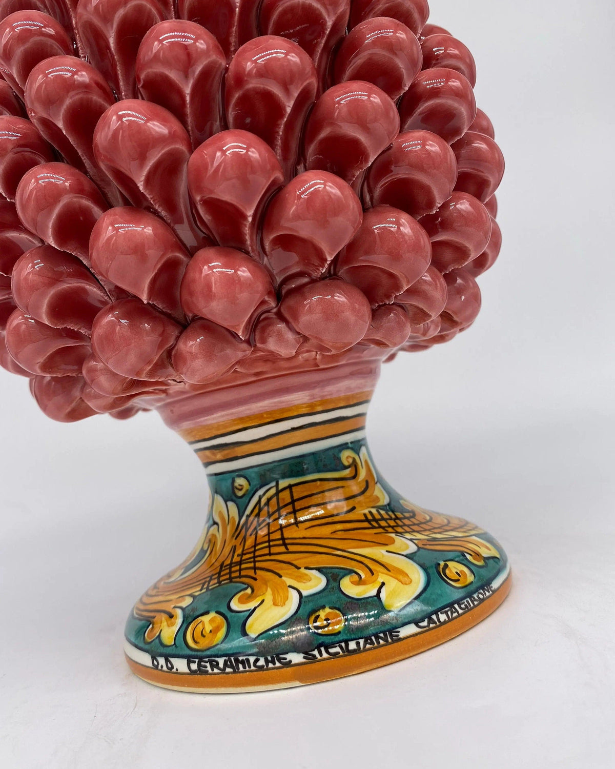 Pigna Ceramica Caltagirone cm H.25 Artigianale Rosa Base Decorata DD CERAMICHE SICILIANE