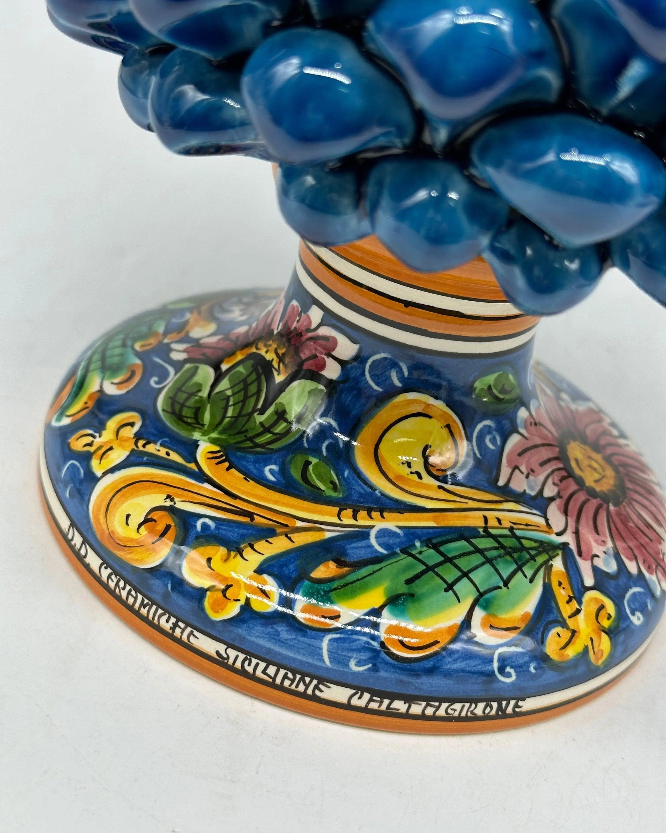 Pigna Ceramica Caltagirone cm H.30 Artigianale Blu Marino Base Decorata DD CERAMICHE SICILIANE