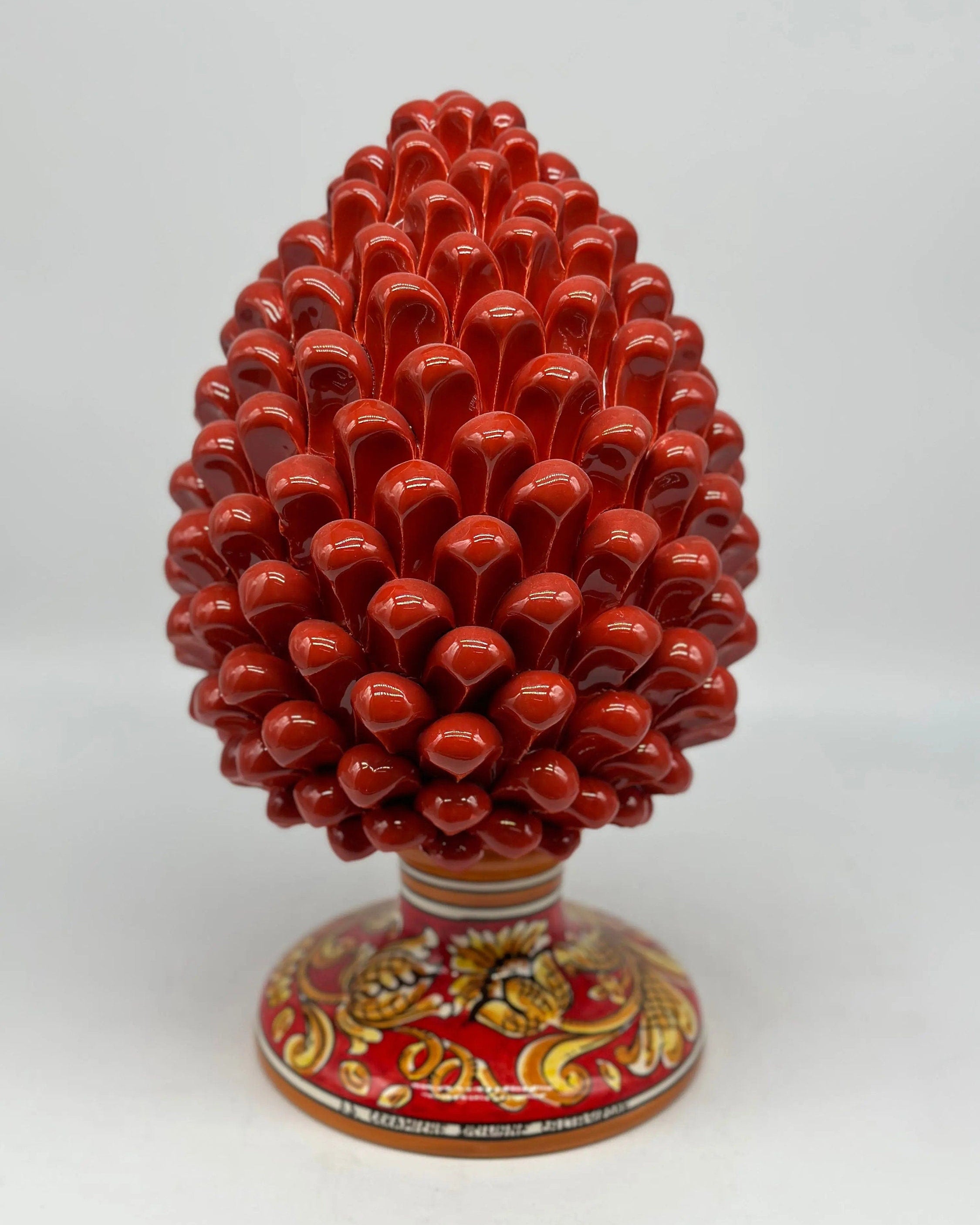 Pigna Ceramica Caltagirone cm H.30 Artigianale Rosso Base Decorata Giglio DD CERAMICHE SICILIANE
