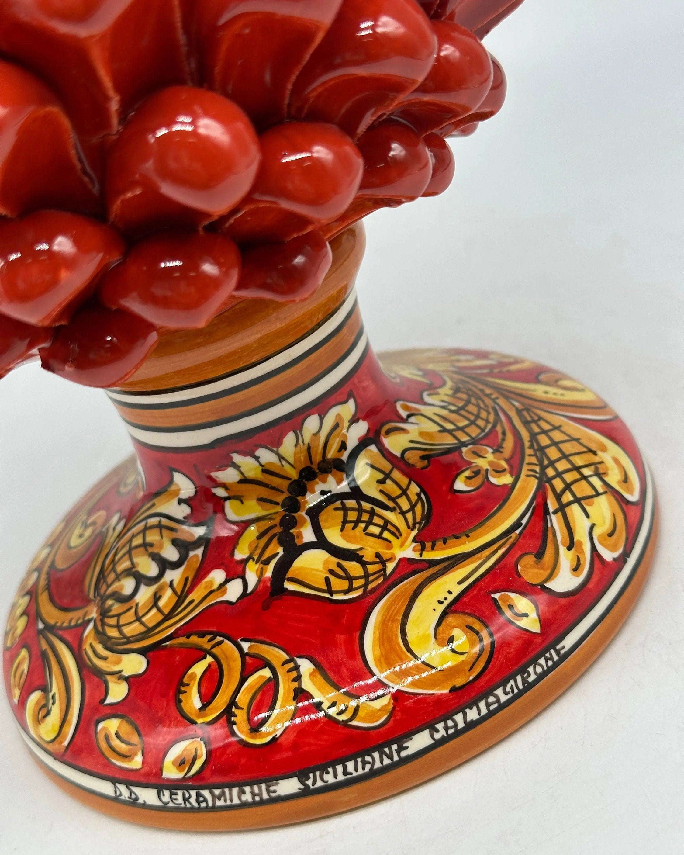 Pigna Ceramica Caltagirone cm H.30 Artigianale Rosso Base Decorata Giglio DD CERAMICHE SICILIANE