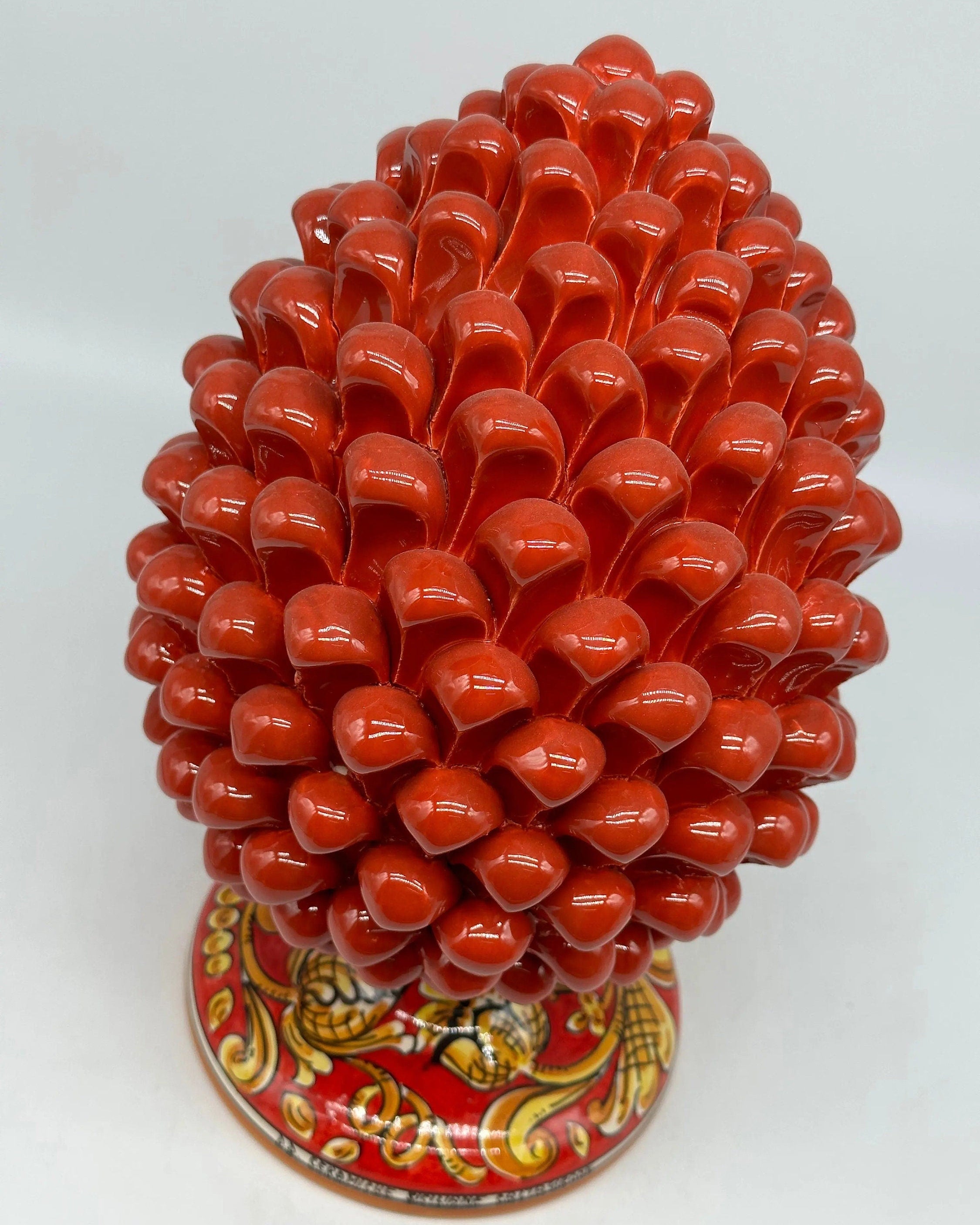 Pigna Ceramica Caltagirone cm H.30 Artigianale Rosso Base Decorata Giglio DD CERAMICHE SICILIANE