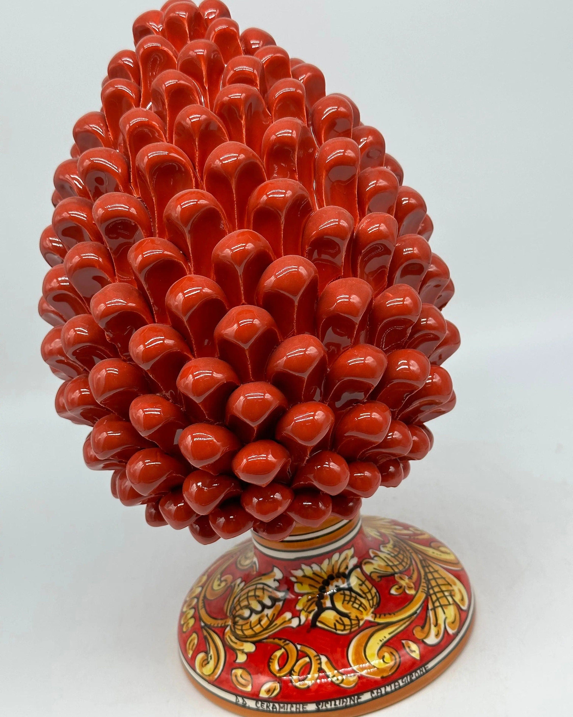 Pigna Ceramica Caltagirone cm H.30 Artigianale Rosso Base Decorata Giglio DD CERAMICHE SICILIANE