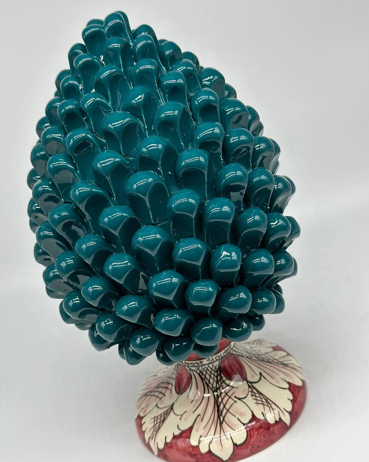 Pigna Ceramica Caltagirone cm H.30 Artigianale Verde Ottanio Base Decorata DD CERAMICHE SICILIANE