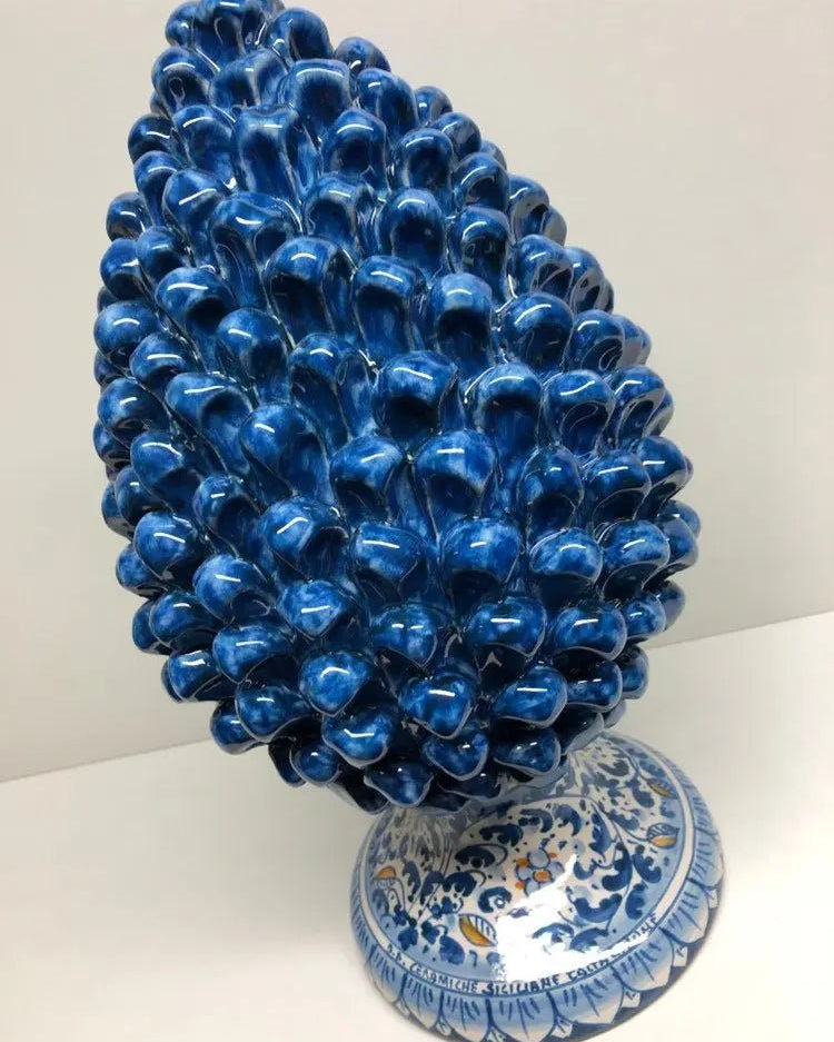 Pigna Ceramica Caltagirone cm H.35 Artigianale Blu Antico Base Decorata Fiori DD CERAMICHE SICILIANE