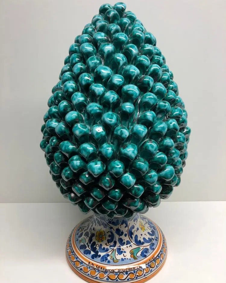 Pigna Ceramica Caltagirone cm H.40 Artigianale Verde Acqua Base Decorata Fiori DD CERAMICHE SICILIANE