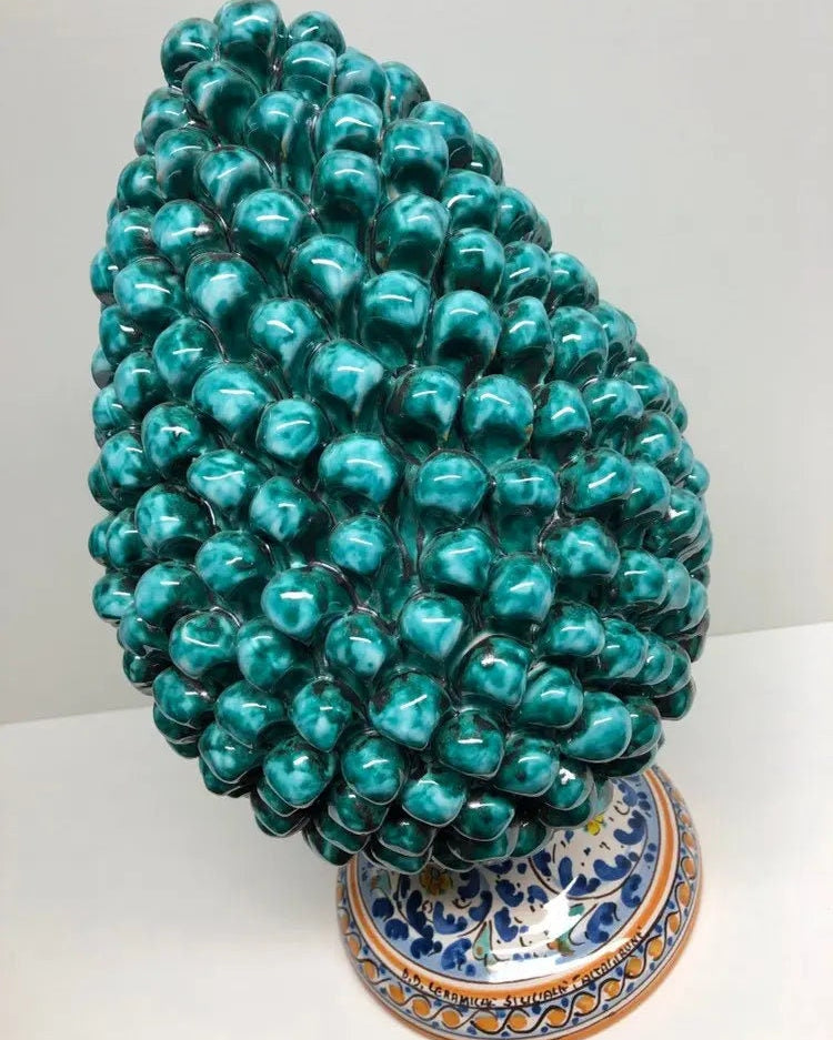 Pigna Ceramica Caltagirone cm H.40 Artigianale Verde Acqua Base Decorata Fiori DD CERAMICHE SICILIANE