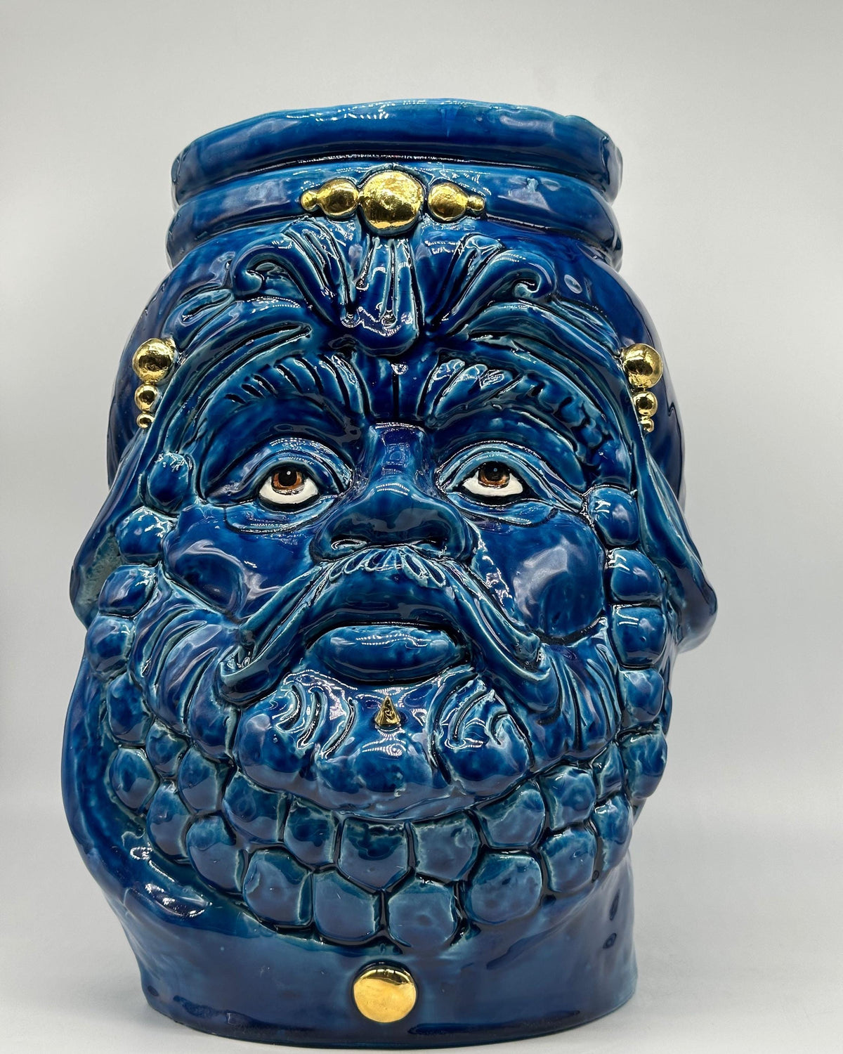 Testa Mitologica Uomo Ceramica Caltagirone cm H.35 L.25 Artigianale Blu dettagli Oro - TESTA DI MORO