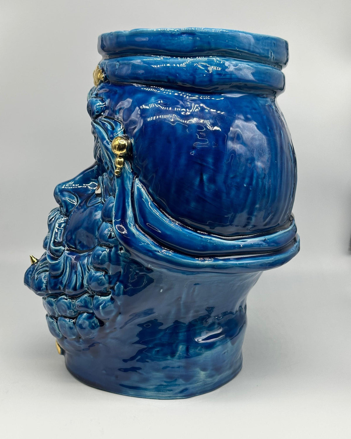 Testa Mitologica Uomo Ceramica Caltagirone cm H.35 L.25 Artigianale Blu dettagli Oro - TESTA DI MORO