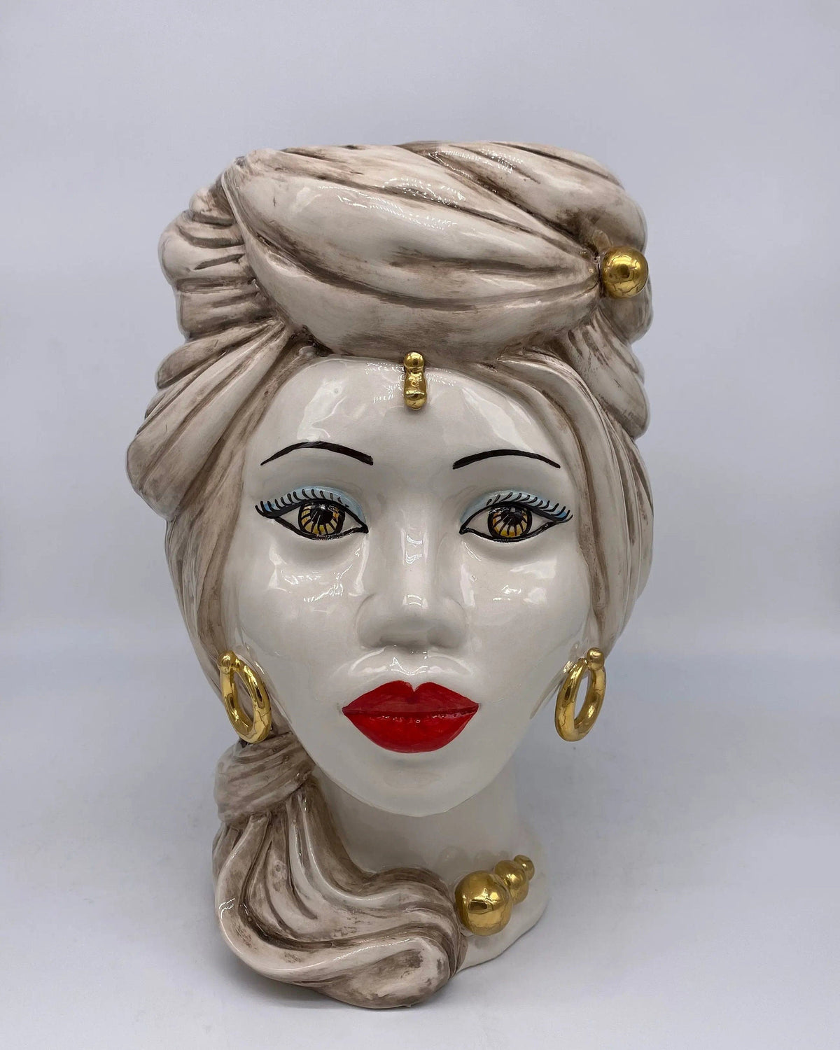 Teste di Moro Anubi Ceramica Caltagirone cm H.29 L.20 Artigianale Écru Beige Oro DD CERAMICHE SICILIANE