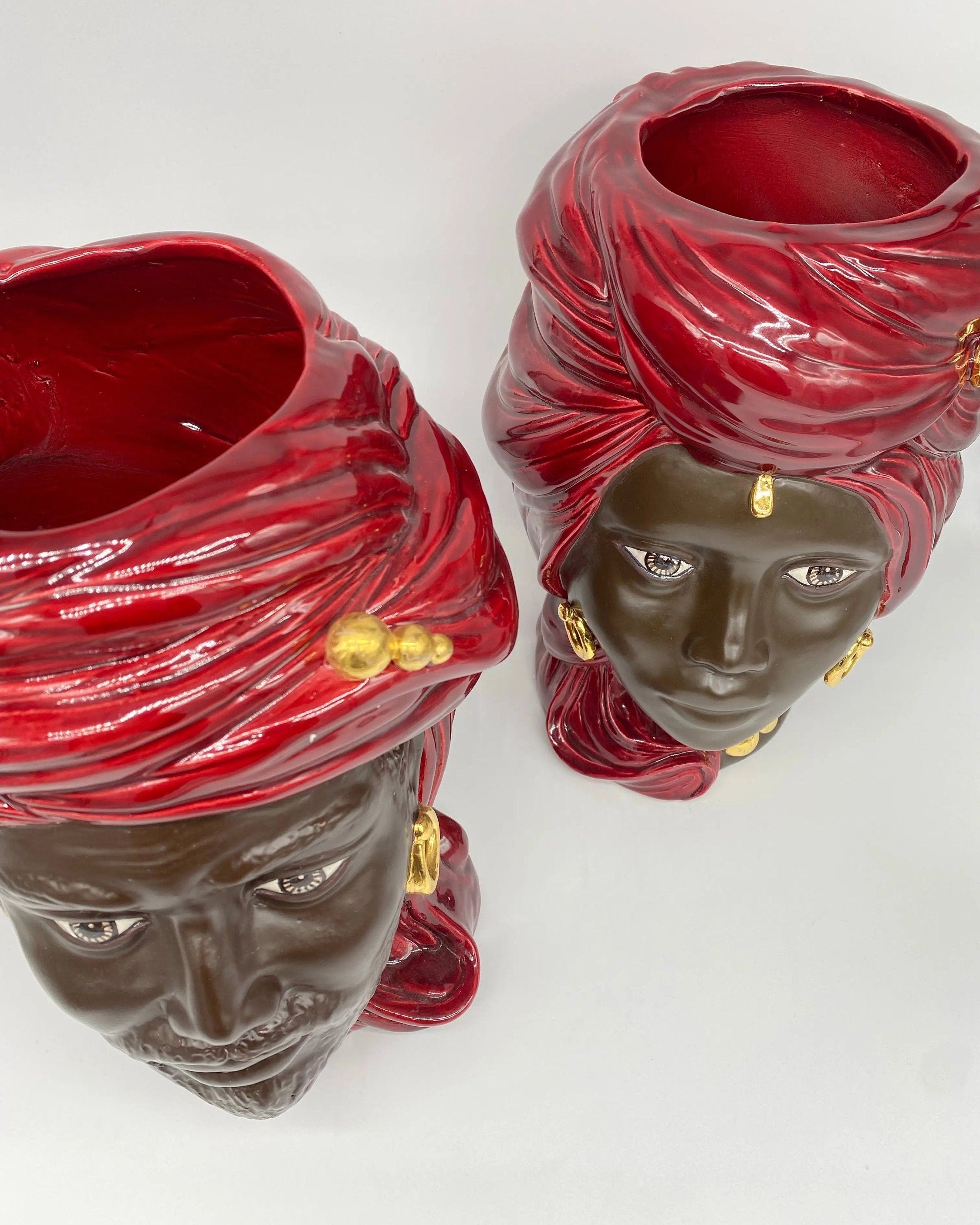 Teste di Moro Anubi Ceramica Caltagirone cm H.29 L.20 Artigianale Bordeaux Marrone Oro DD CERAMICHE SICILIANE