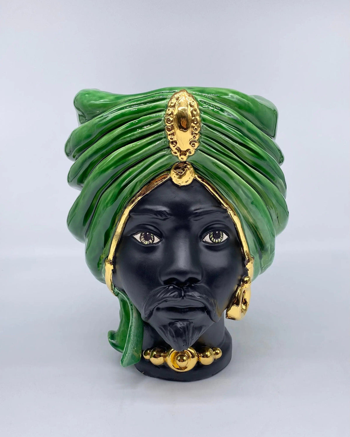 Teste di Moro Atena Ceramica Caltagirone cm H.24 L.18 Artigianale Verde Cristallo Opaco Oro DD CERAMICHE SICILIANE