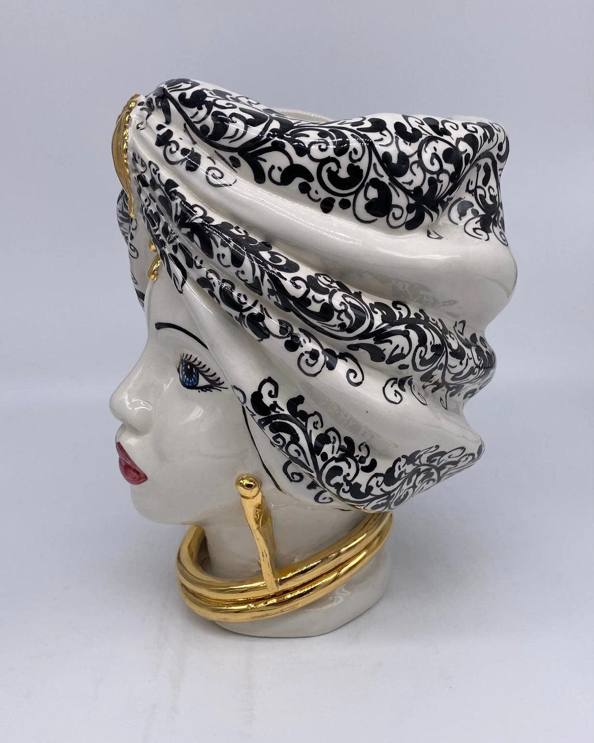 Teste di Moro Atena Ceramica Caltagirone cm H.24 L.18 Artigianale Opaco Bianco Barocco Oro DD CERAMICHE SICILIANE