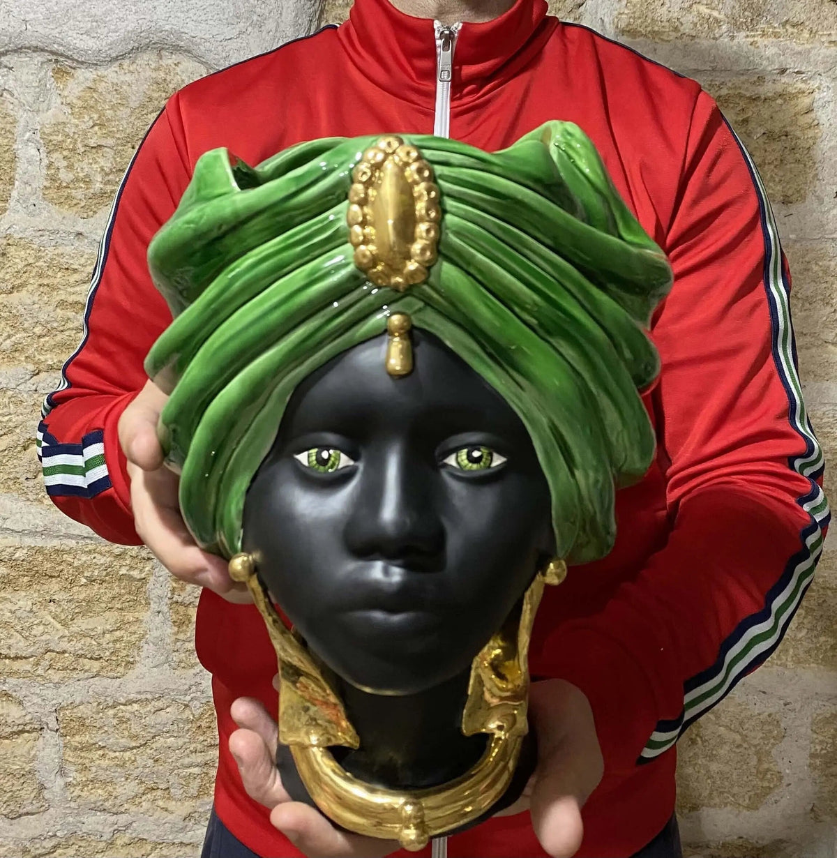 Teste di Moro Atena Ceramica Caltagirone cm H.30 L.23 Artigianale Verde Cristallo Nero Oro DD CERAMICHE SICILIANE